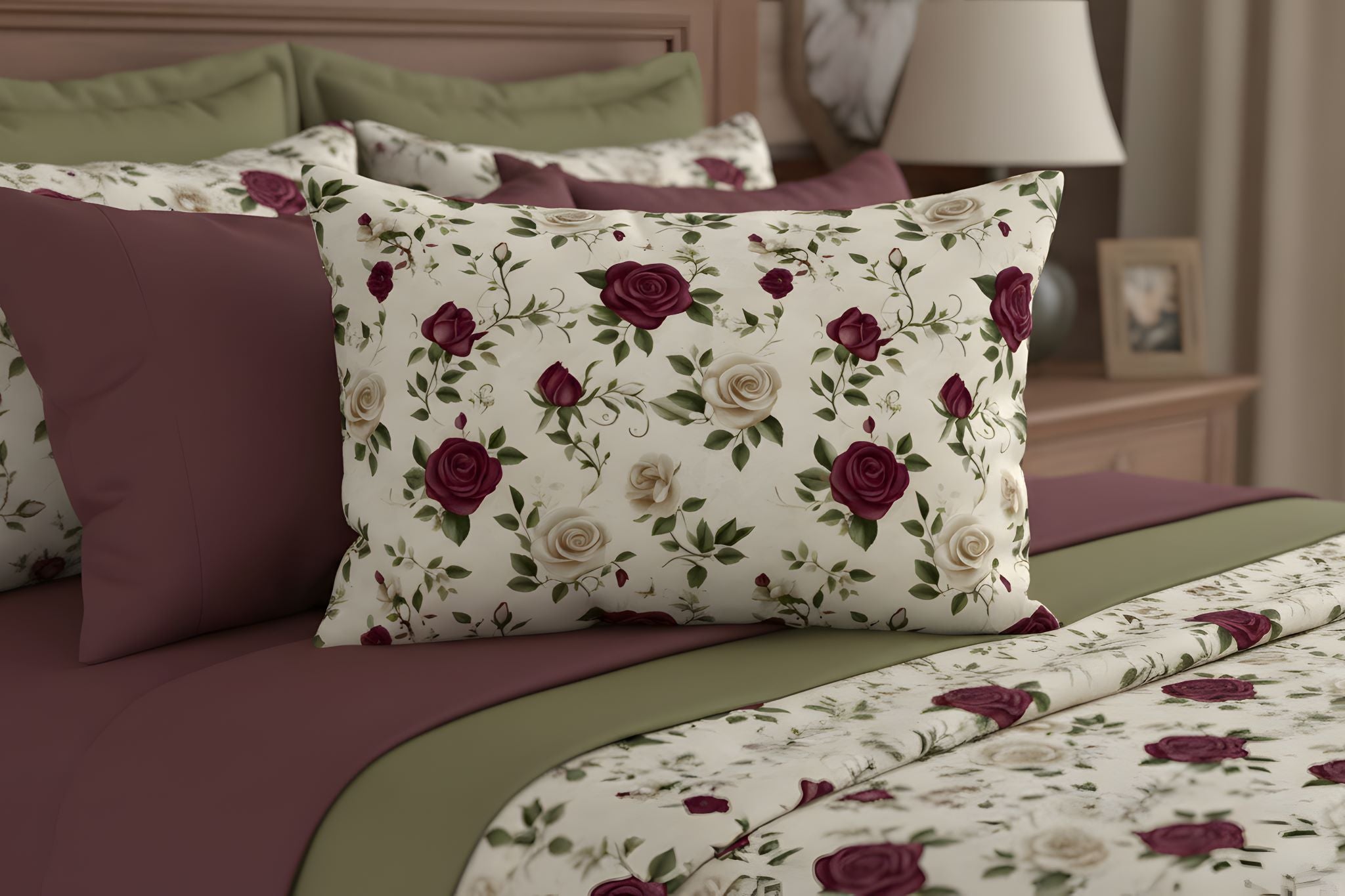 Floral rose pillow on a bed in a vintage timeless bedroom.