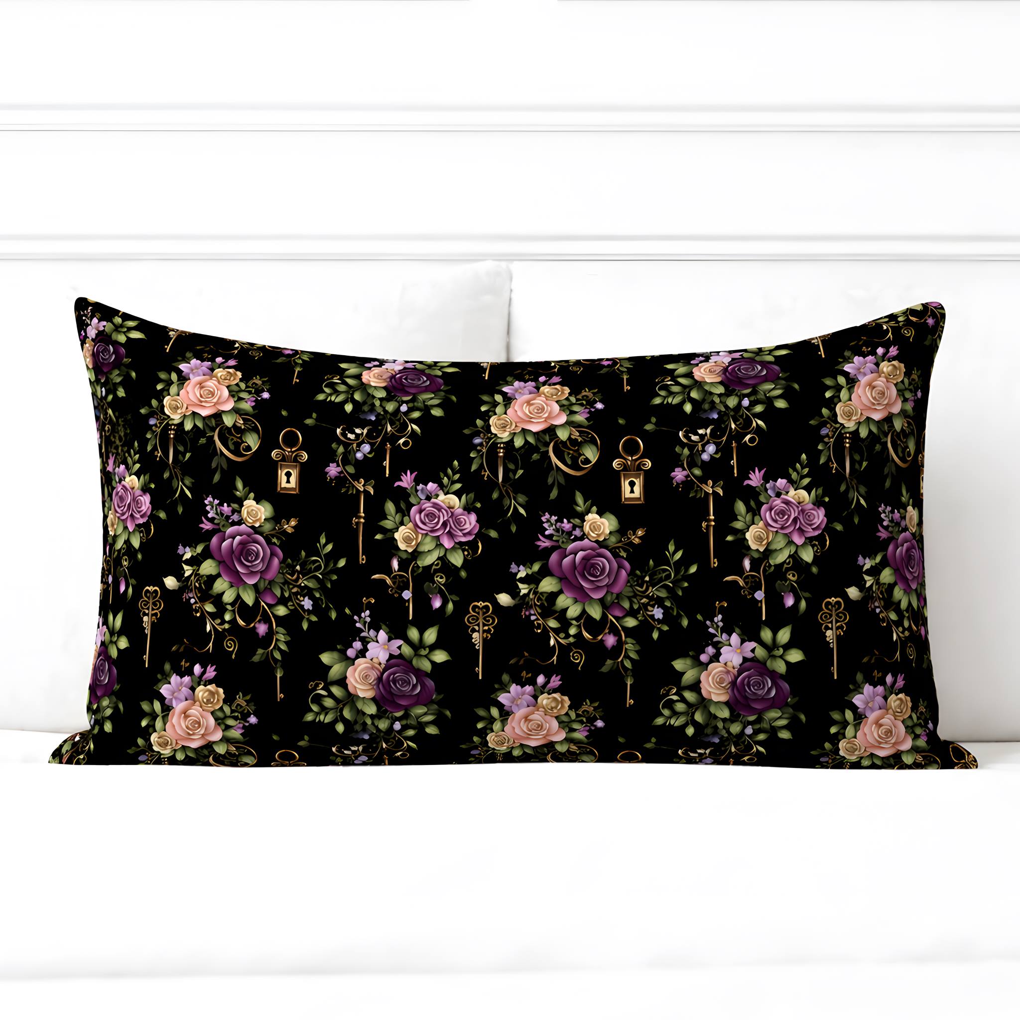 Floral skeleton key pattern on a black pillow sham.