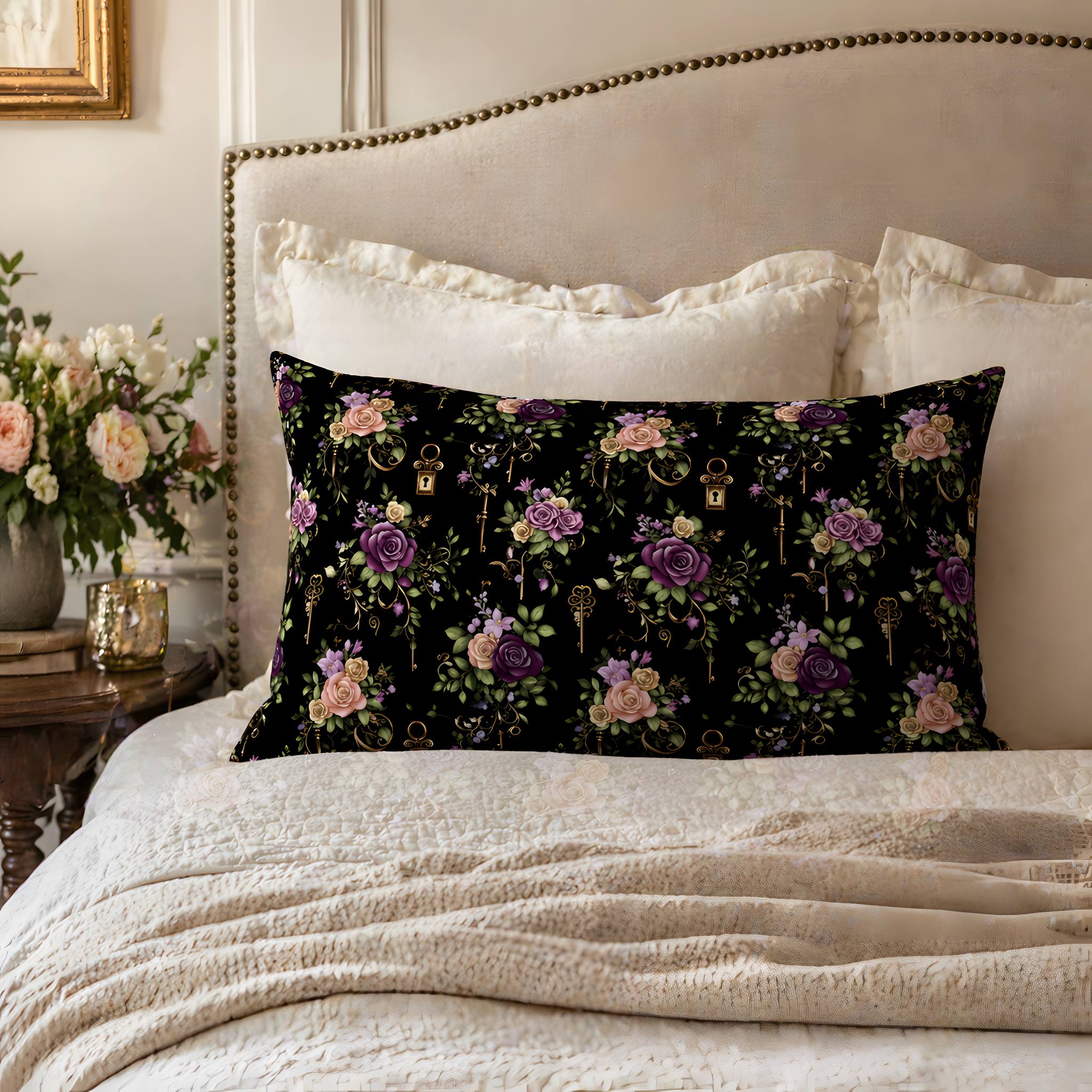 Rose and antique key pillowcase on a bed in a cozy bedroom setting
