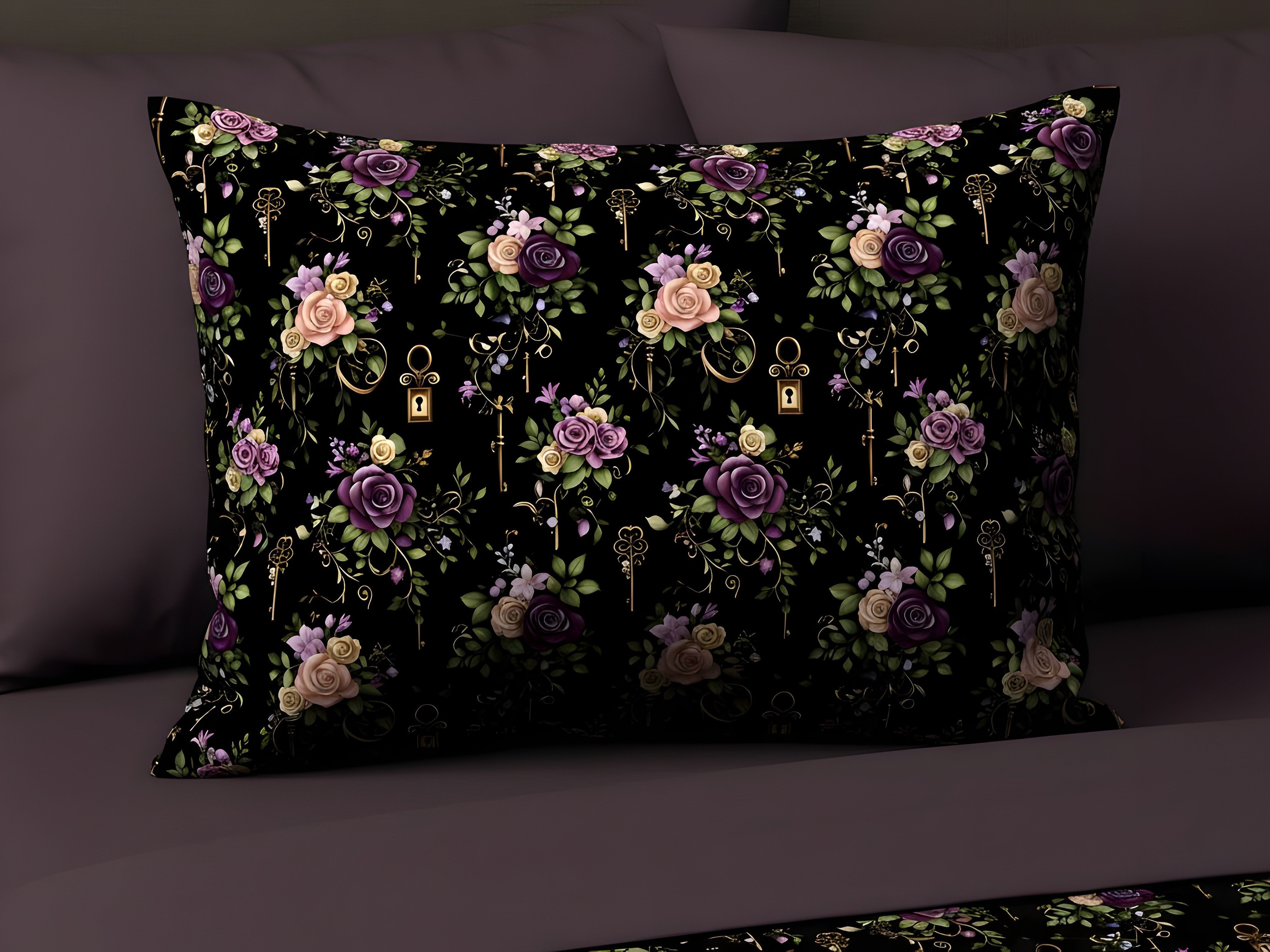 Floral rose and skeleton key pillow sham in a moody bedroom.