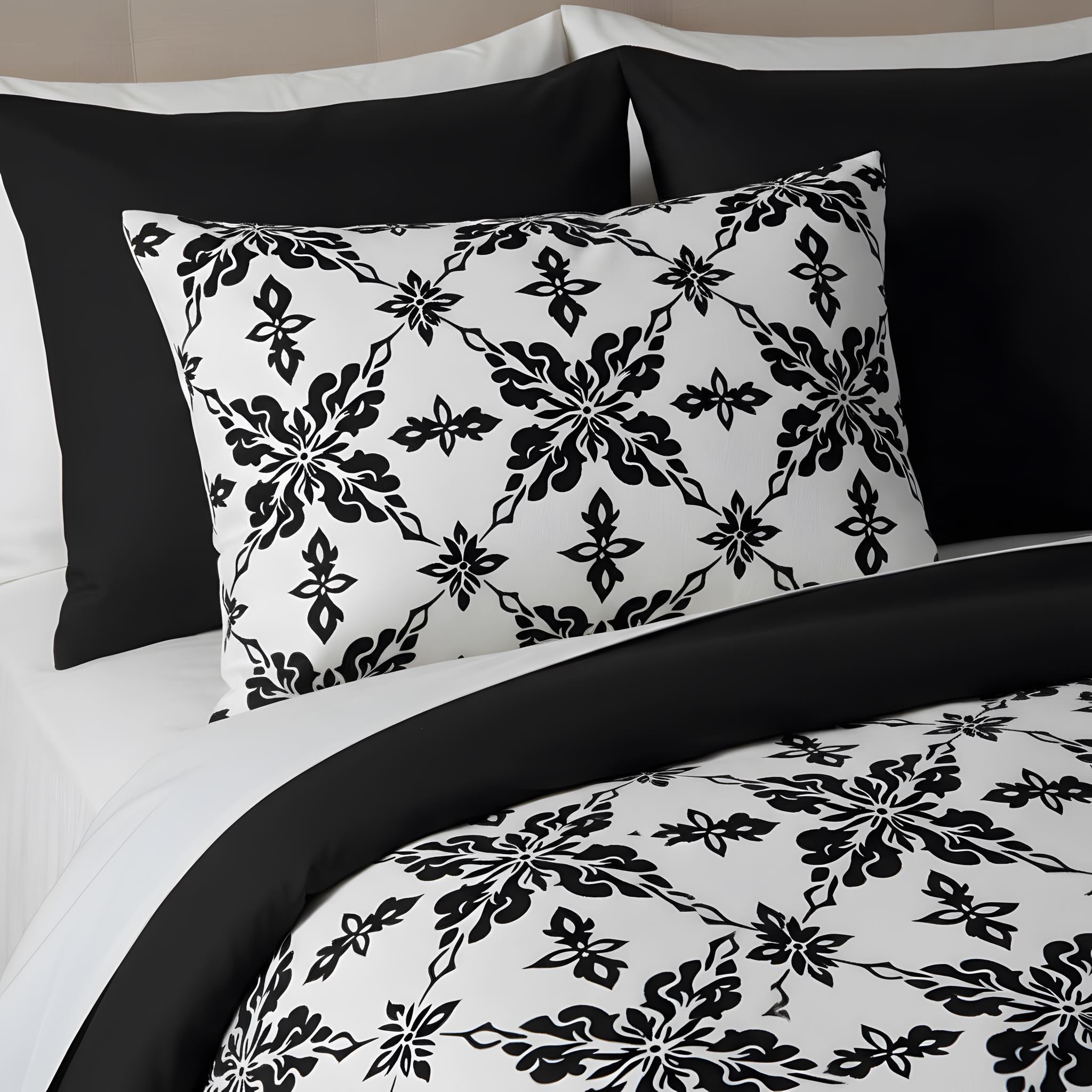 Gothic damask pillow sham on a bed with black and white bedding.