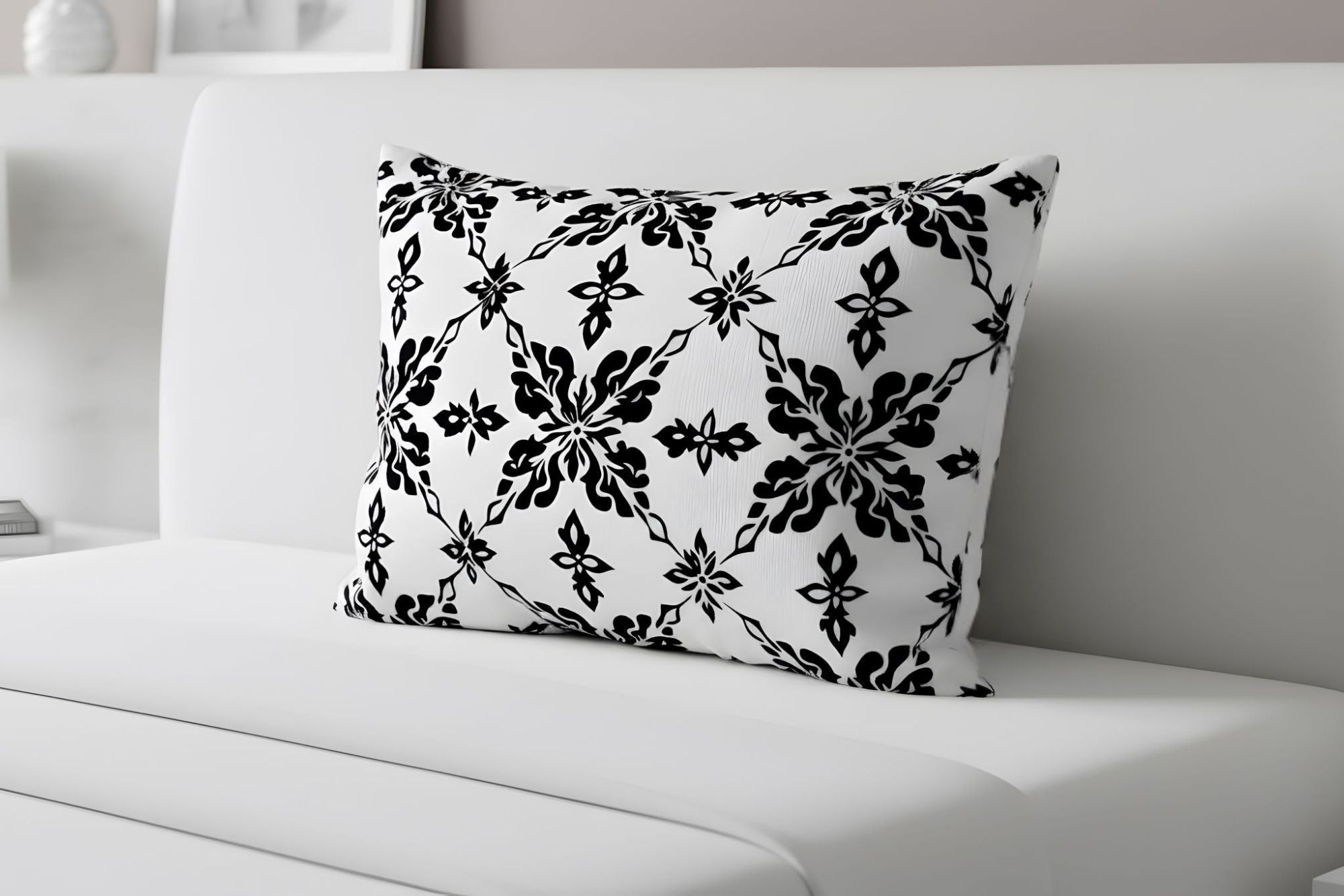 Black and white damask pillow sham for gothic bedroom styling.