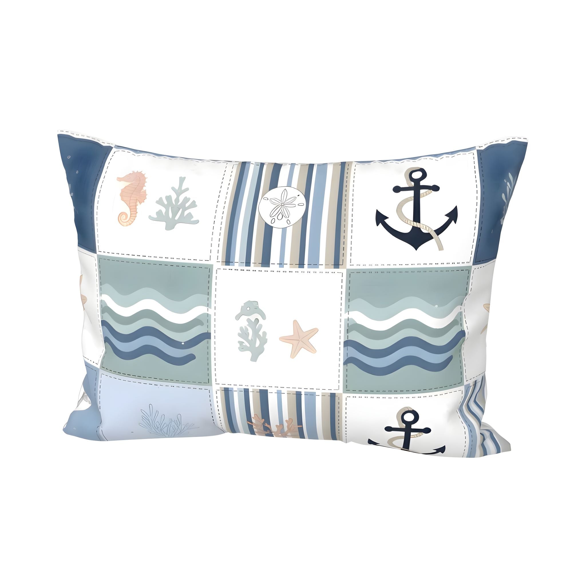 Standard size patchwork pillowcase with nautical patterns on a white background
