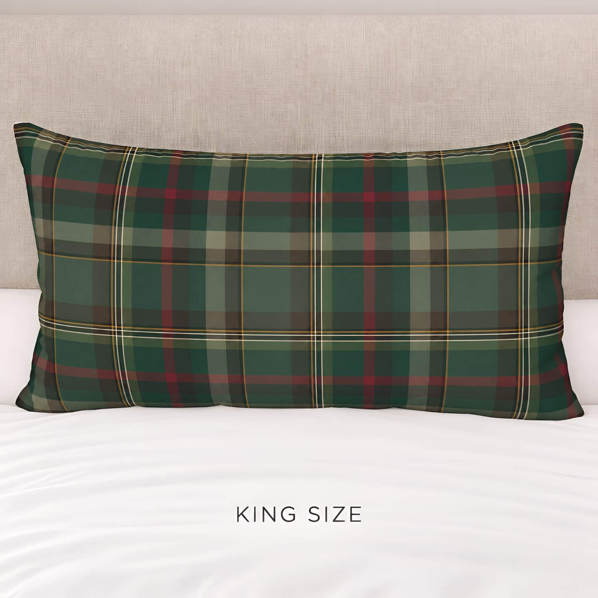 King size Cedar Ember cotton pillow sham with green tartan plaid on white bedding.