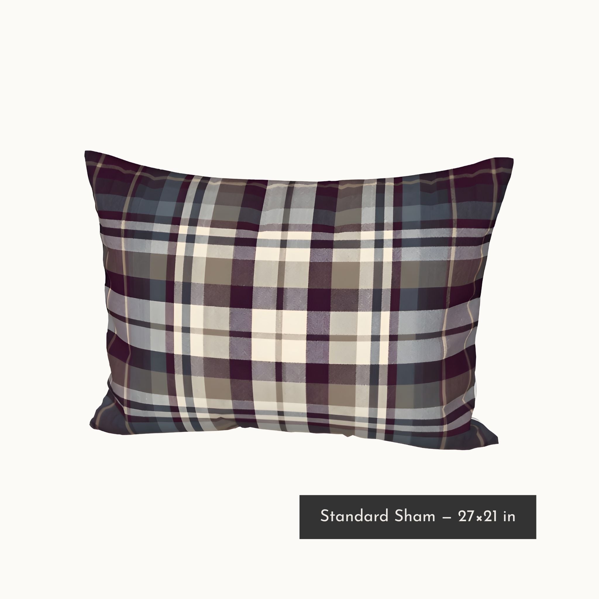 A standard-size plaid sham pillow 27 by 21 inches, in a classic tartan pattern of navy, burgundy, beige, and gray, shown against a plain off-white background with a black text label at the bottom.