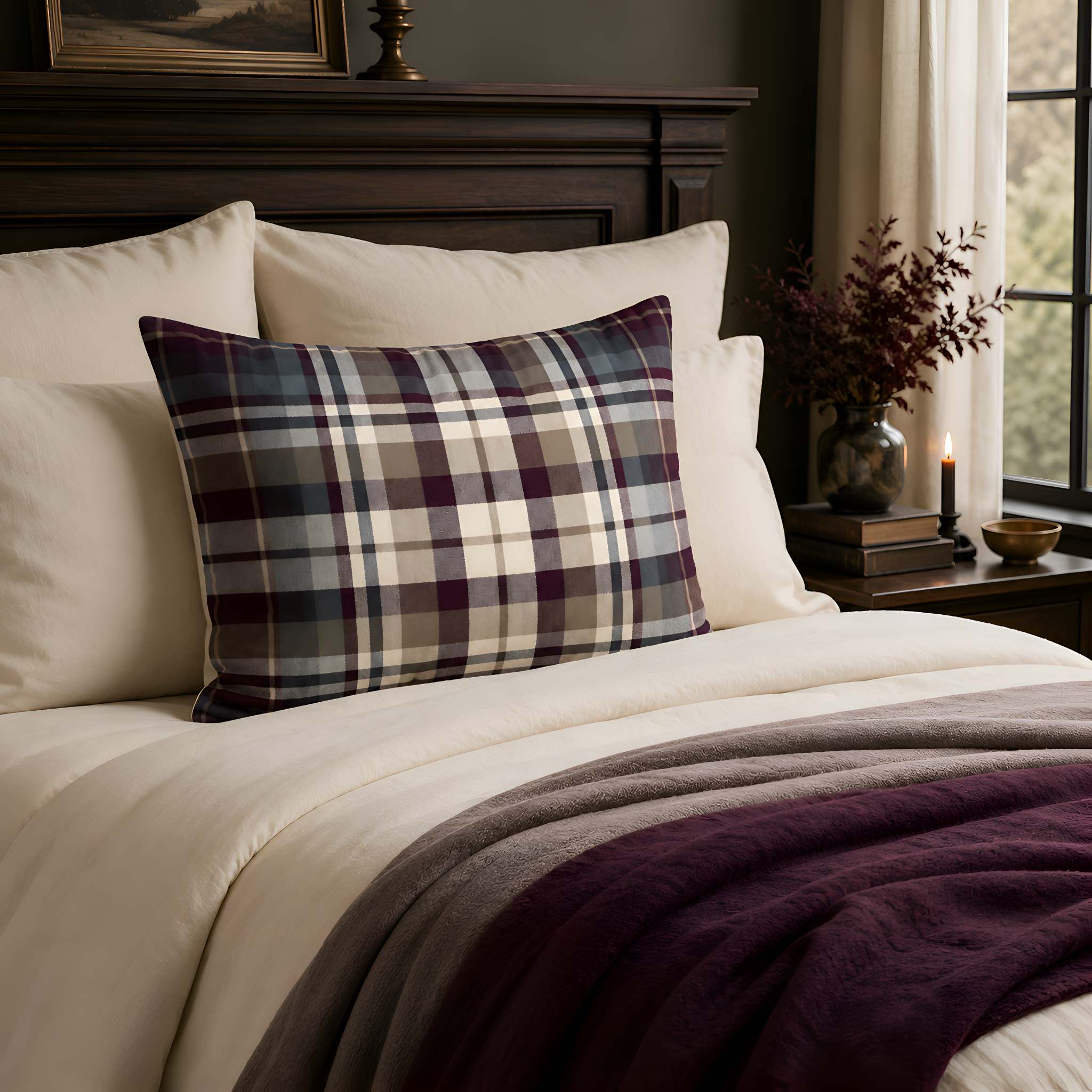Eggplant and charcoal plaid pillow sham styled in a dark academia bedroom