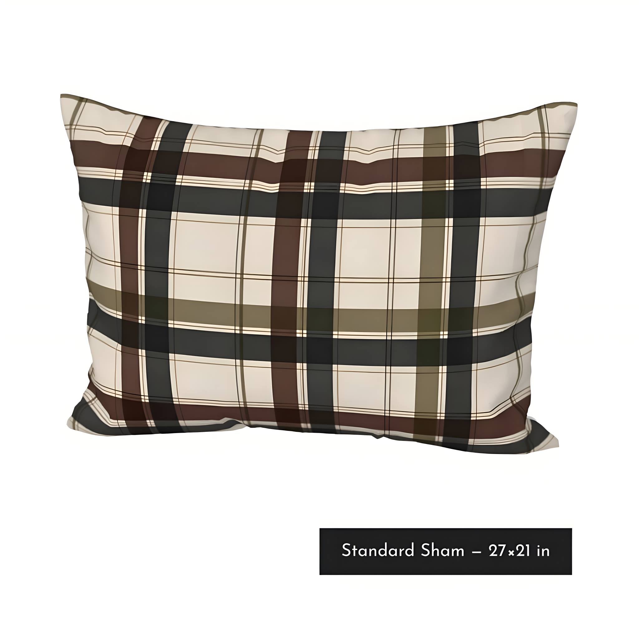 Standard Manor Taupe plaid cotton pillow sham measuring 27 by 21 inches