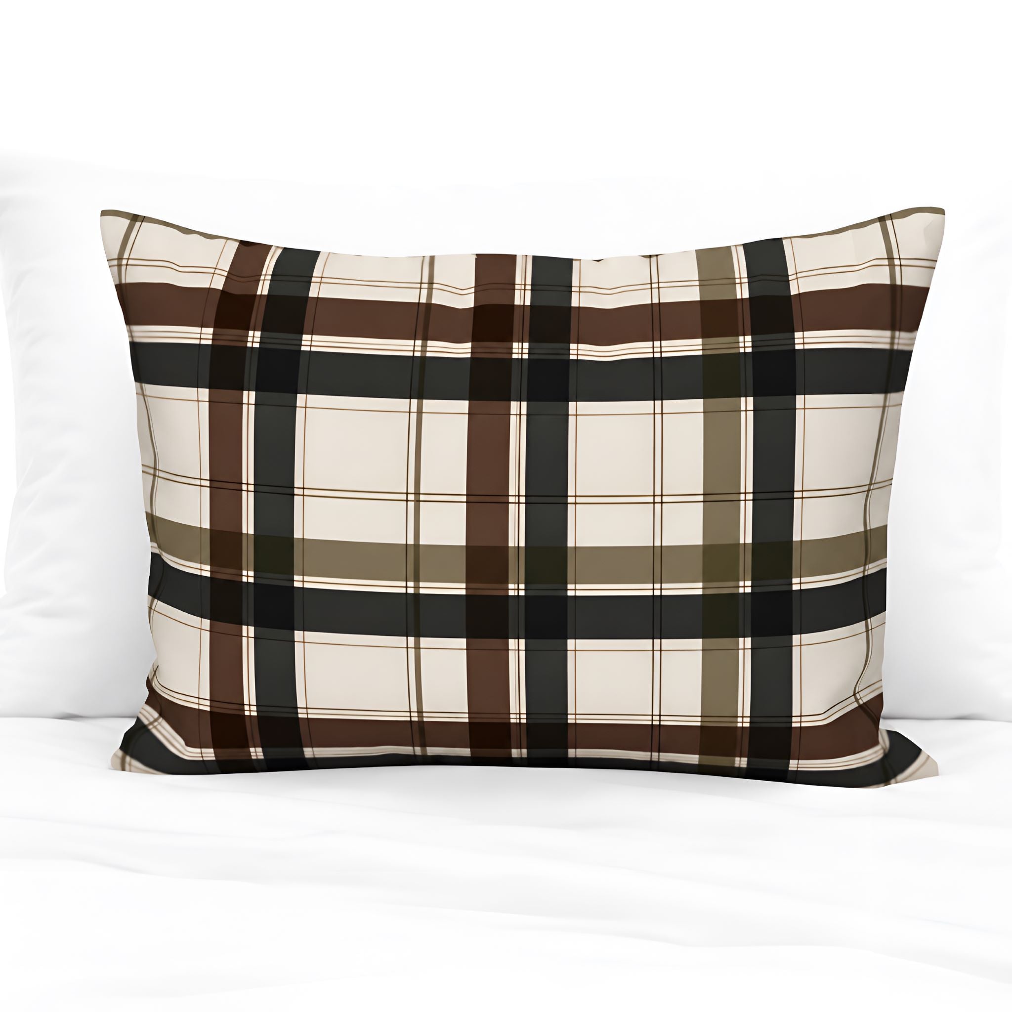 Manor Taupe brown plaid cotton pillow sham displayed on crisp white bedding