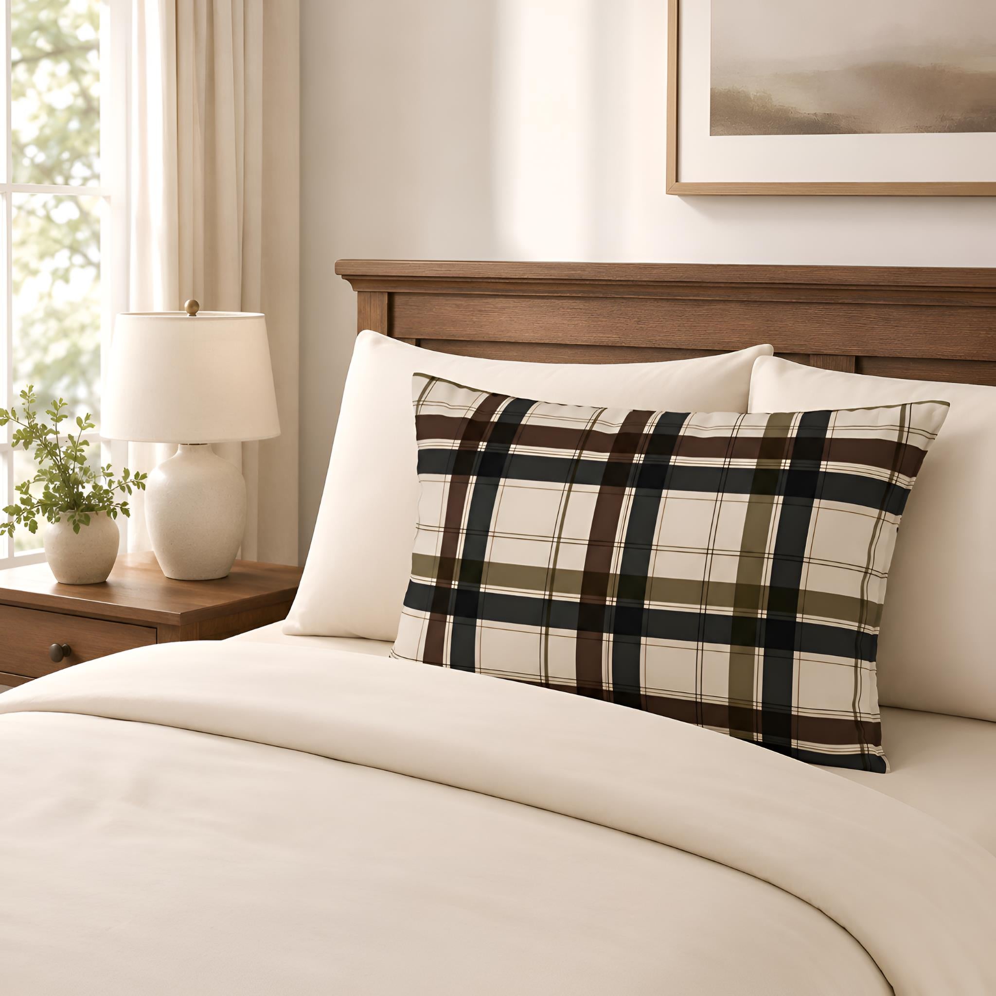 A plaid throw pillow sham with a cream, brown, and black tartan pattern styled on a bed with white bedding and a wooden headboard in a softly lit bedroom.