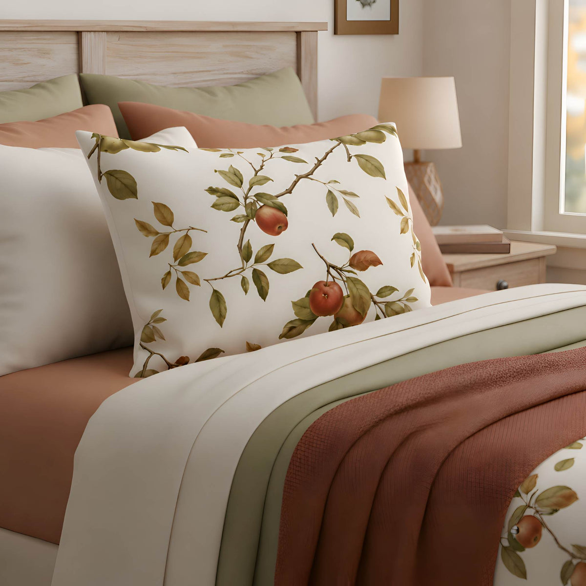 An autumn-styled bedroom scene showing a bed with layered bedding in neutral and earthy tones, featuring a prominent white pillow with a botanical print of green leaves and red-orange fruit.