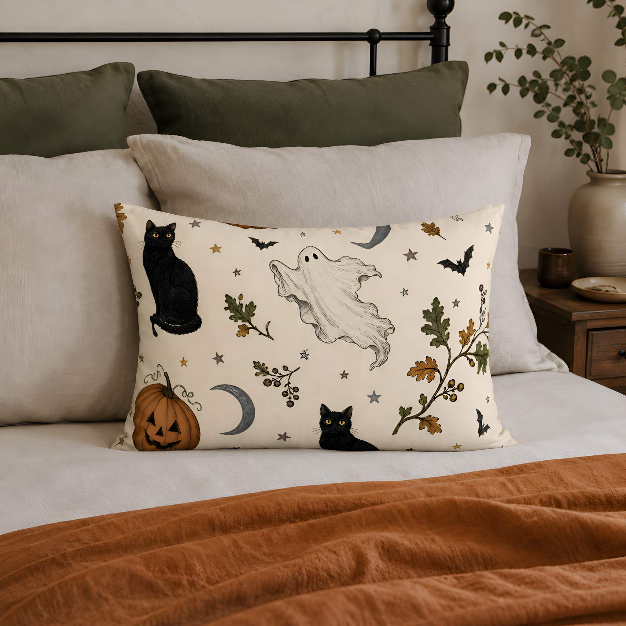 A cream pillow sham with a Halloween print featuring black cats, a white ghost, a jack-o'-lantern, bats, and gold stars, styled on a bed with neutral pillows and a rust-colored blanket.