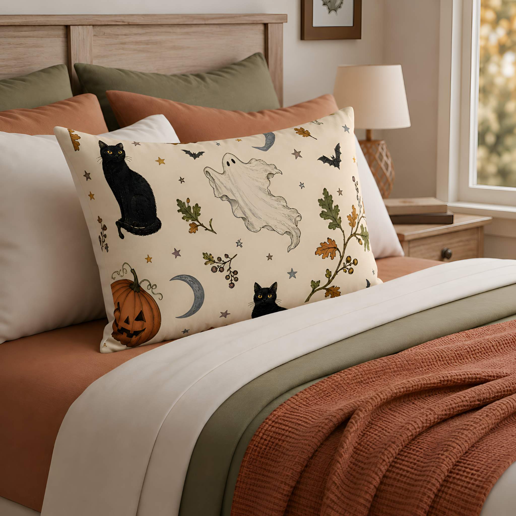 A decorative Halloween pillowcase featuring a black cat, white ghost, pumpkin, and moon on an off-white background, styled on a bed with rust-colored bedding and a knit throw blanket in a cozy bedroom setting.
