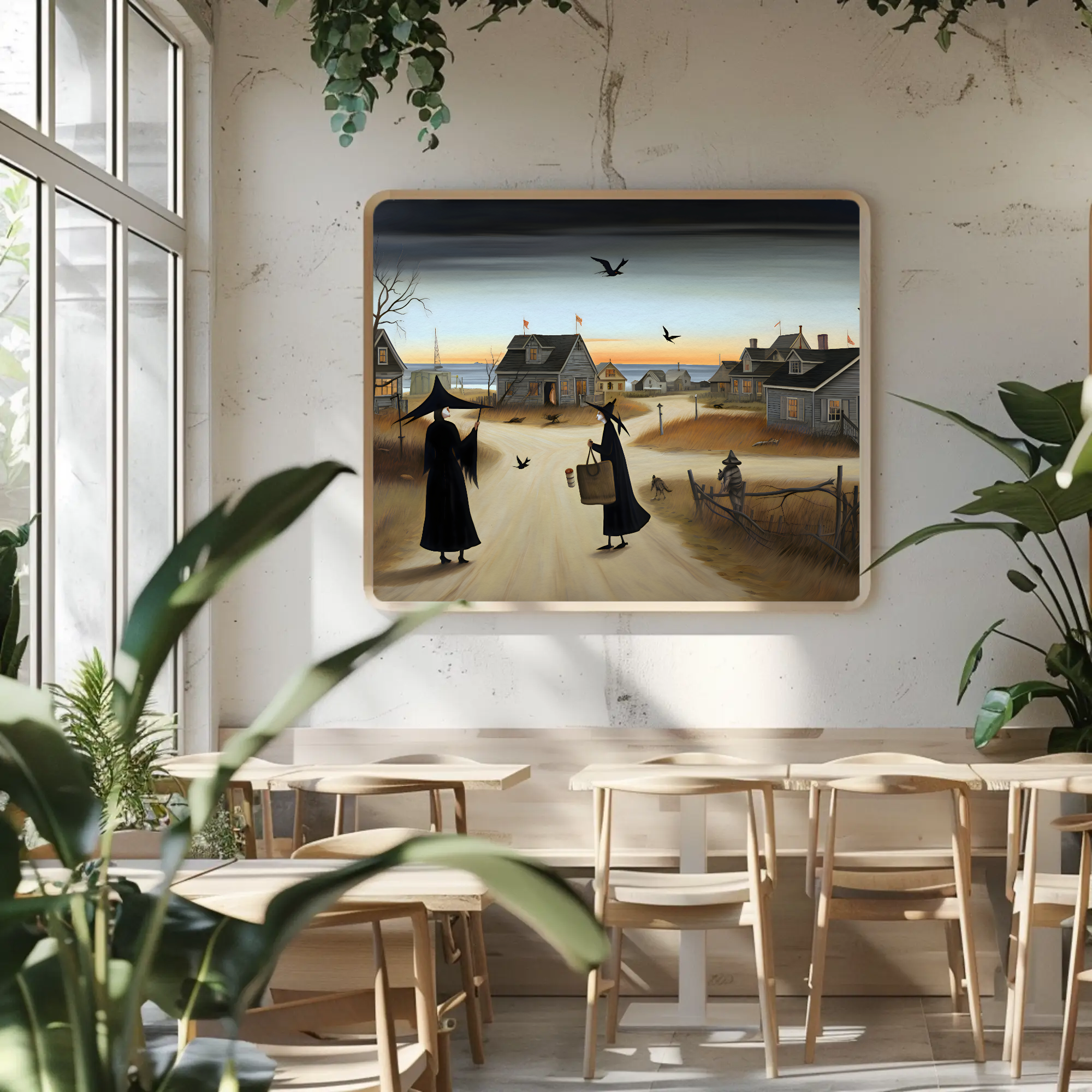 Seaside Village Witch Satin Art Print: Coastal Gothic Art