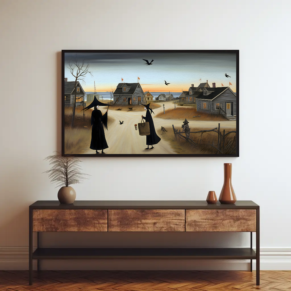 Seaside Village Witch Satin Art Print: Coastal Gothic Art