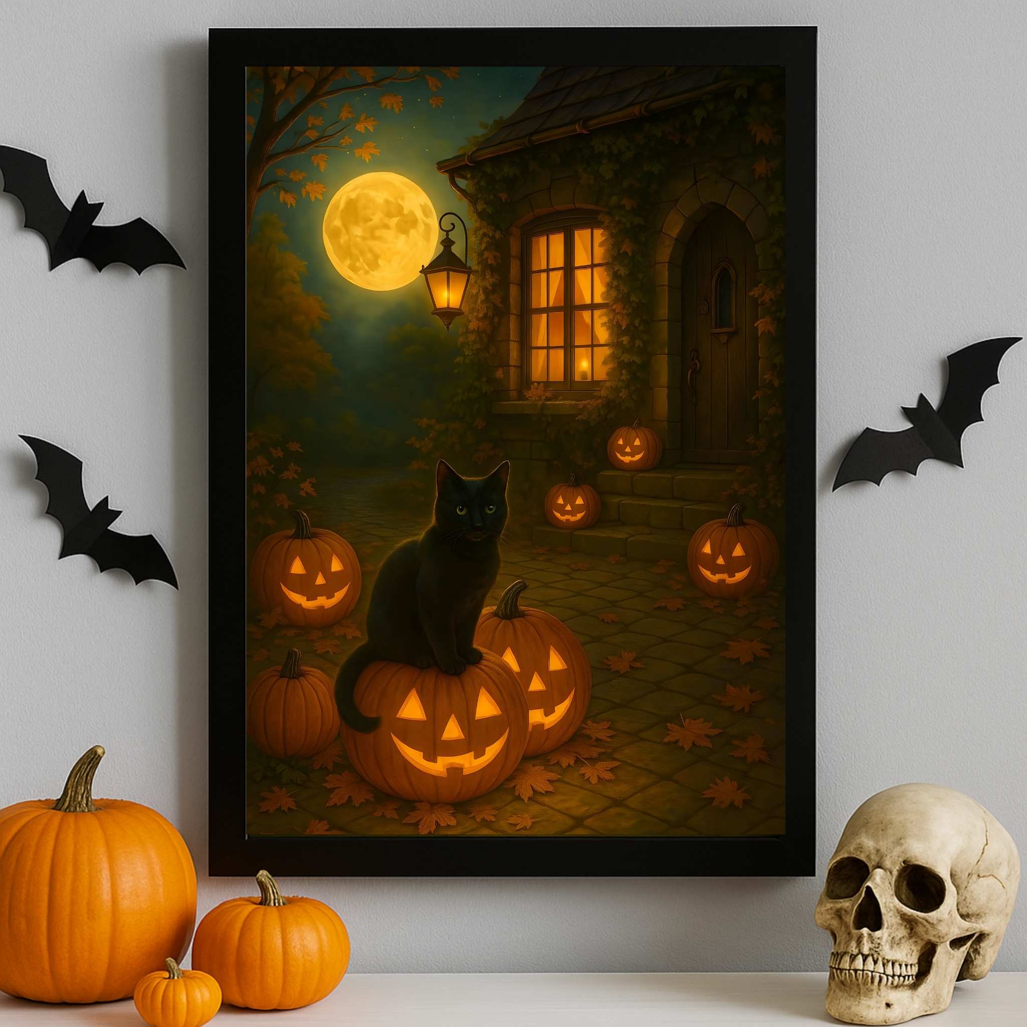 Halloween Cat Wall Art – Jack-o’-Lantern Print | Shadow Cat
