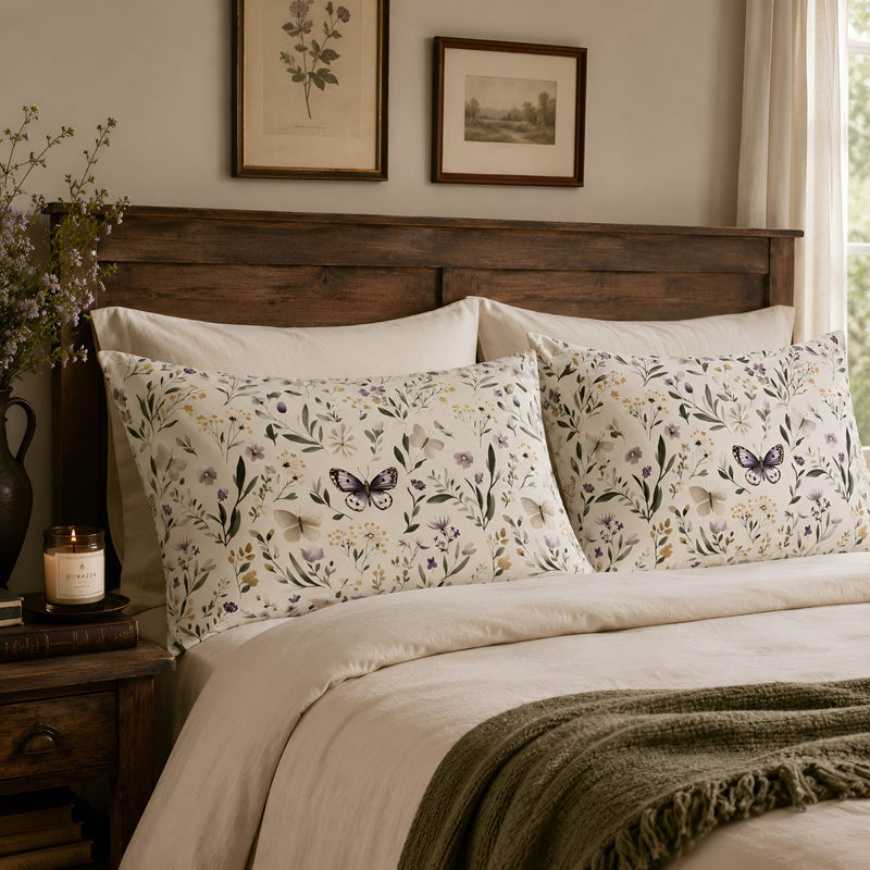 Pillow shams collection with printed botanical shams styled on cream bedding with walnut wood and soft cottage decor.