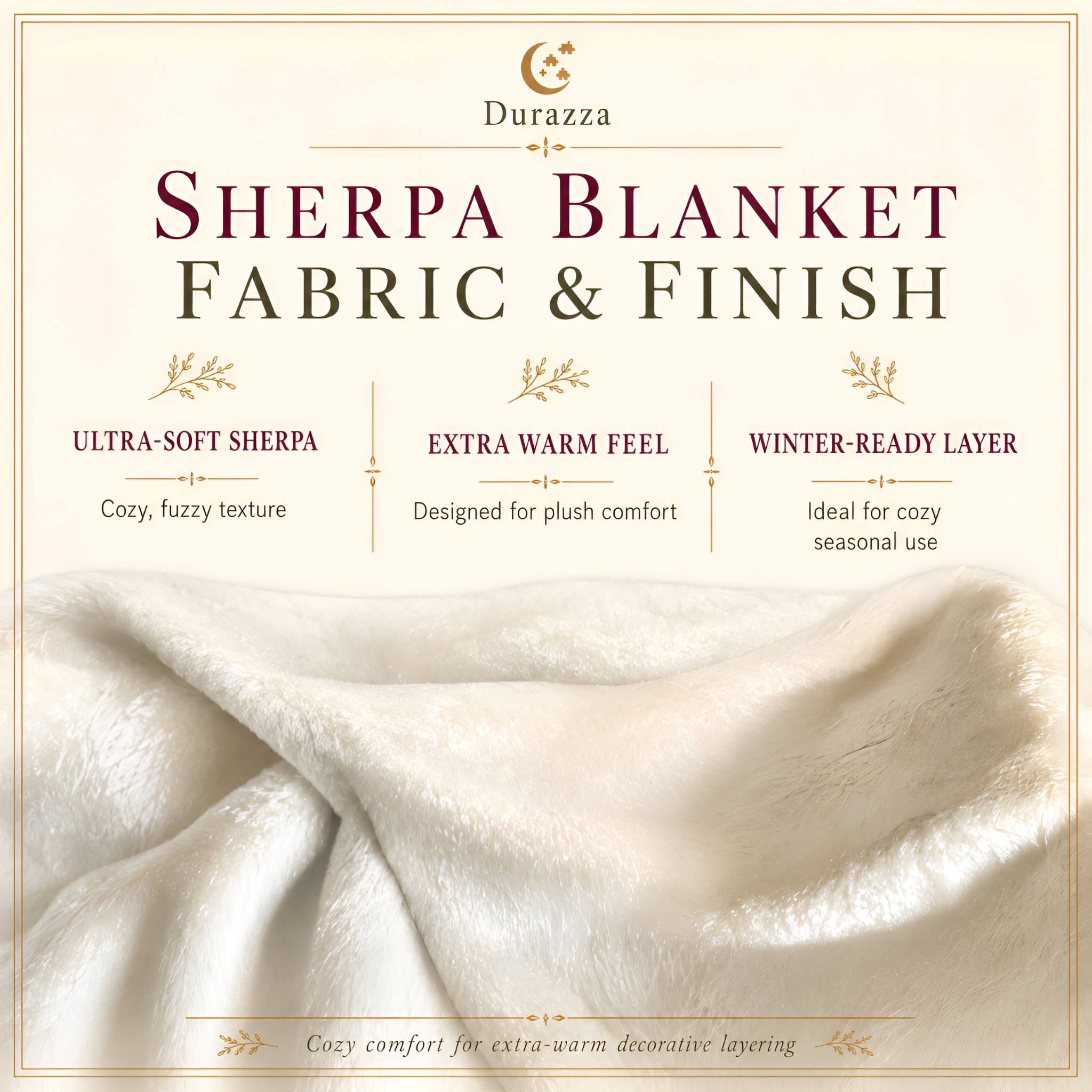 Promotional graphic for Durazza Sherpa blanket fabric and finish, showing a close-up of soft cream sherpa material with marketing text above about ultra-soft sherpa, extra warm feel, and winter-ready layer.