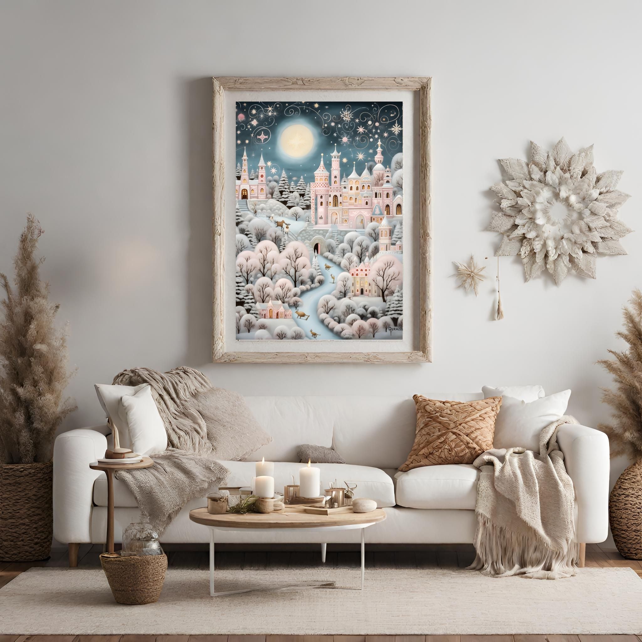 Snow Kissed Pastel Castle Satin Art Print