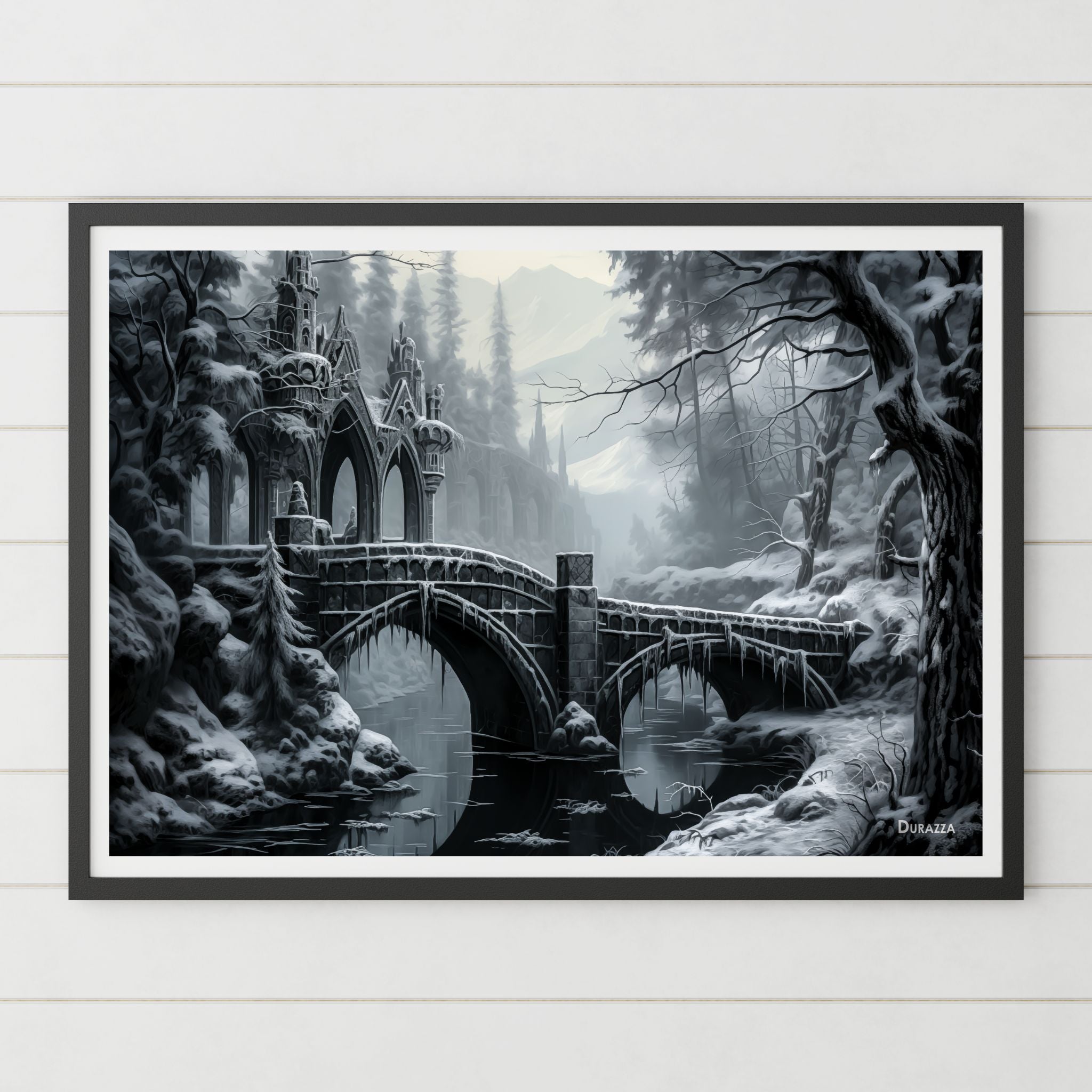 Snowy Bridge Over a Mysterious River Satin Art Print