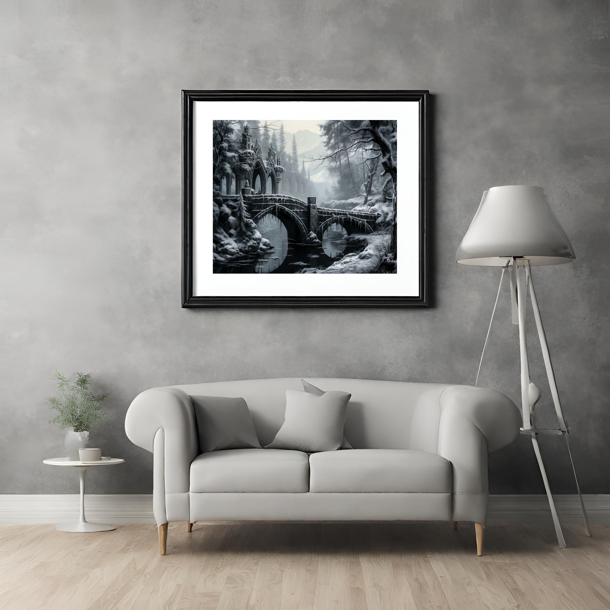 Snowy Bridge Over a Mysterious River Satin Art Print