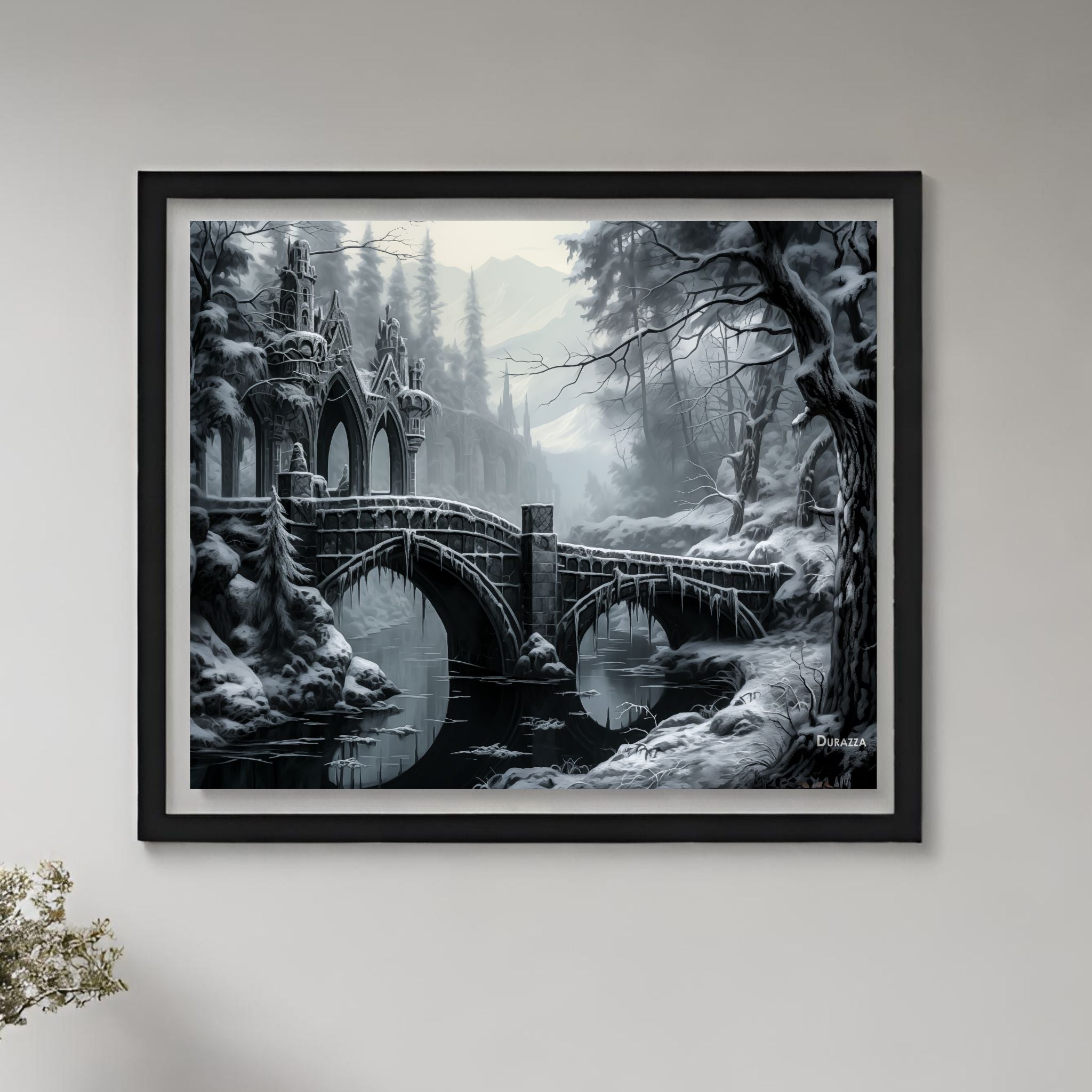 Snowy Bridge Over a Mysterious River Satin Art Print