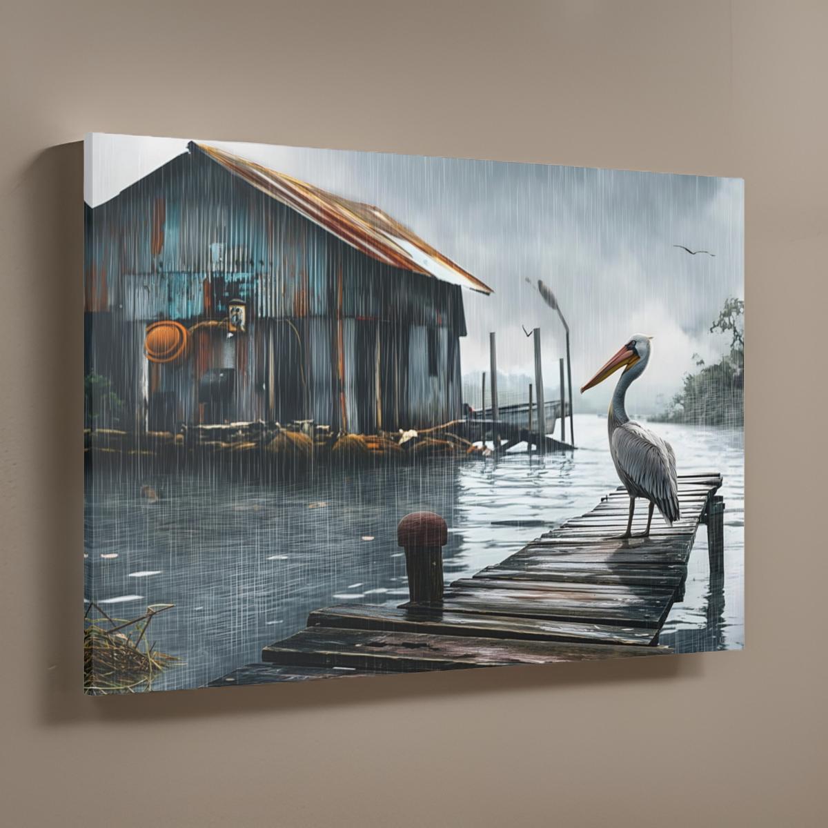 Solitary Pelican Painting: Moody Wall Art