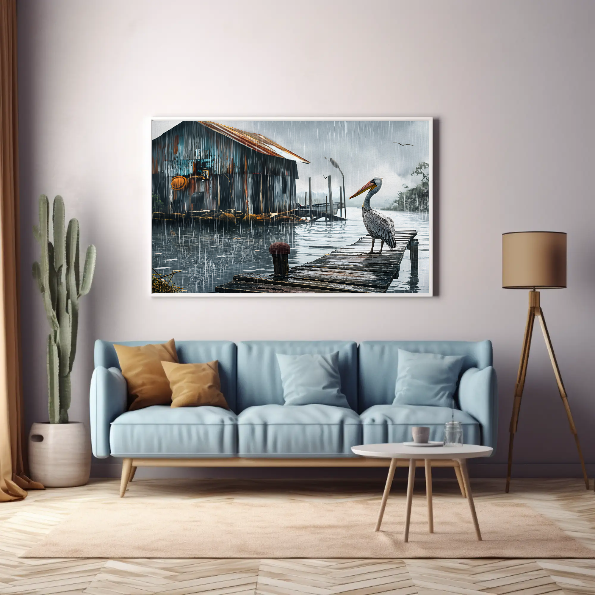 Solitary Pelican Painting: Moody Wall Art