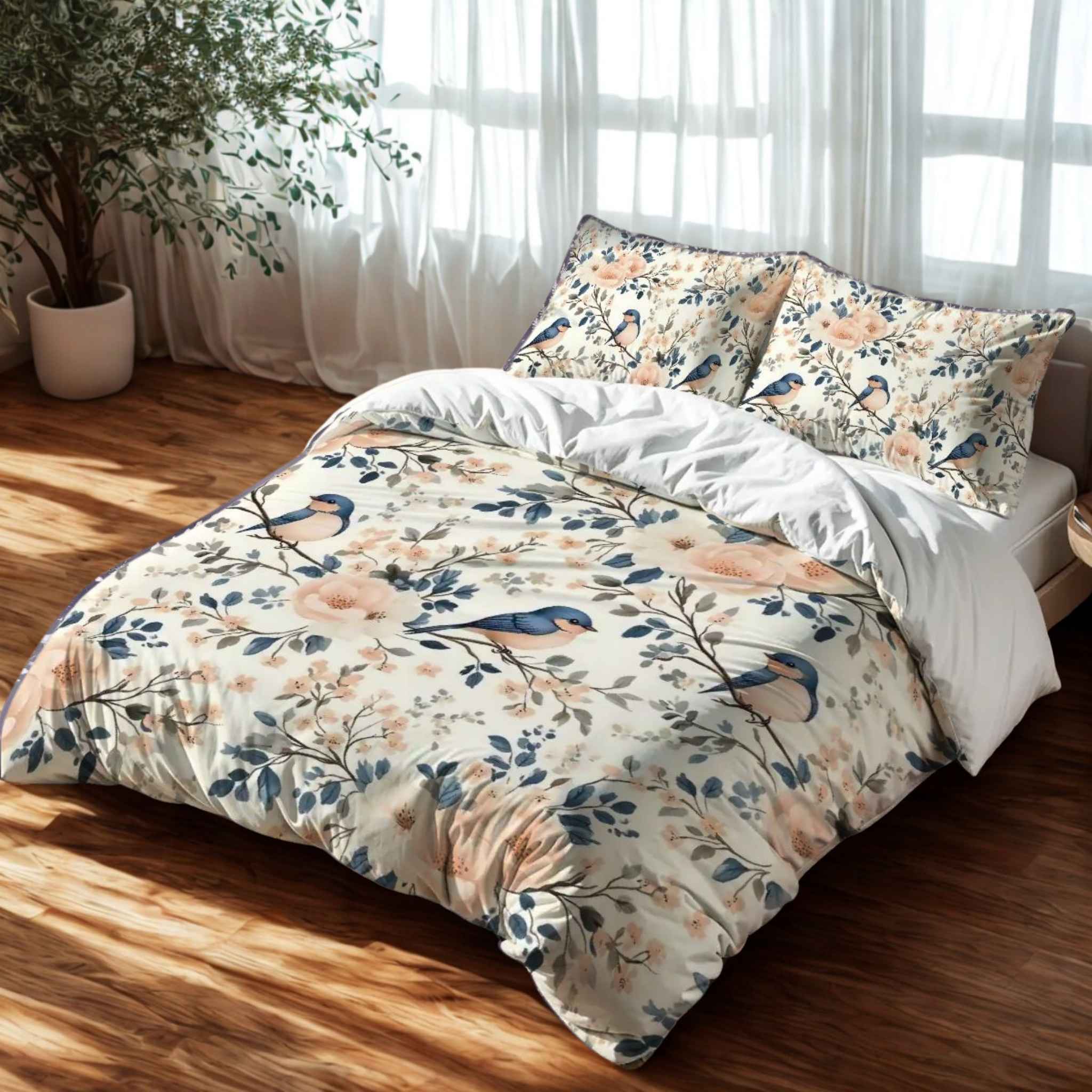 Bird Duvet Cover Set: Pastel Cottage Bedding | Sweet Song