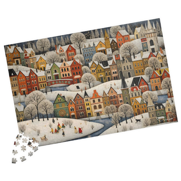 1000 piece Jigsaw puzzle with a Nordic winter village scene on a white background