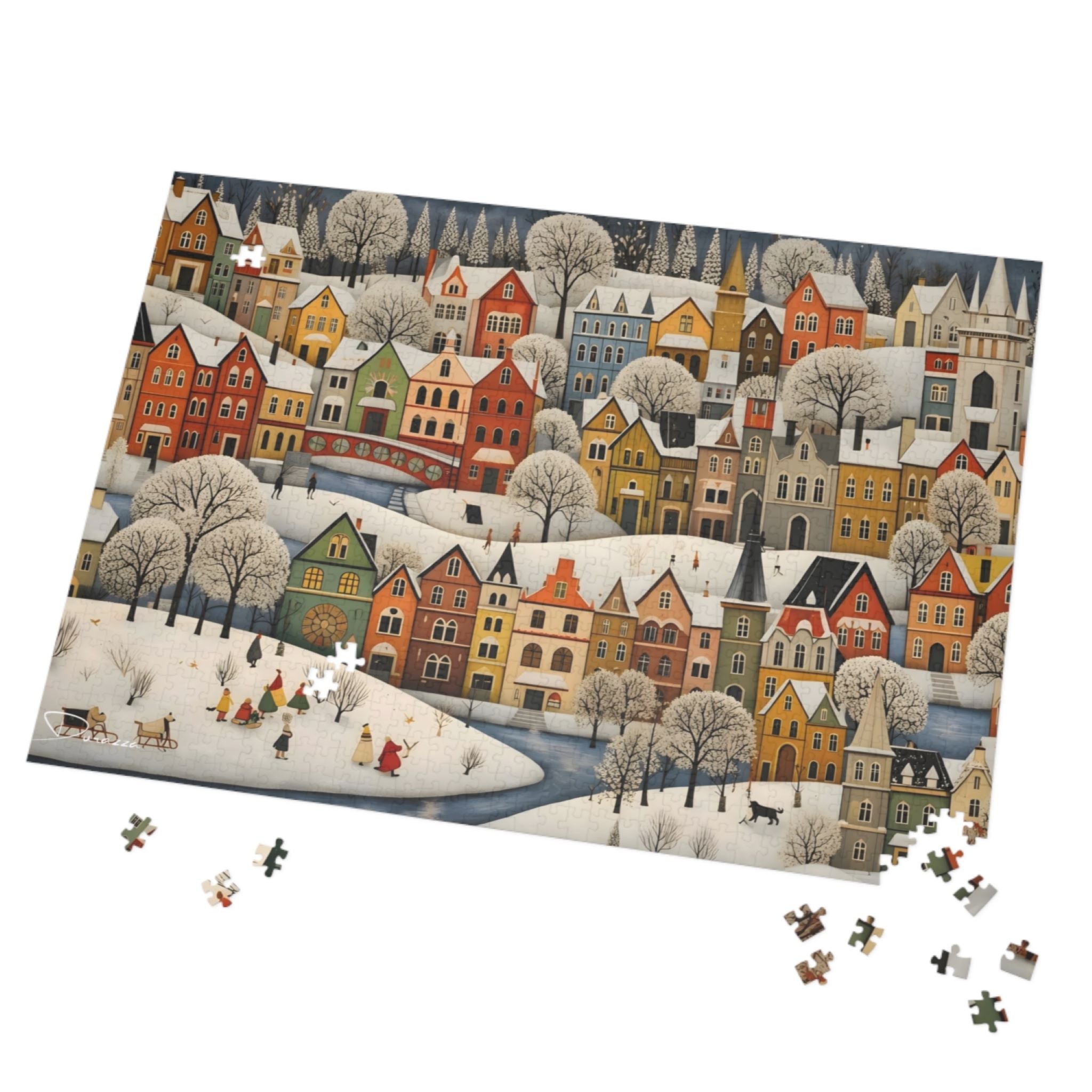 Scandinavian Jigsaw Puzzle – 500 or 1000 Pieces | Snowy Swedish Village | Durazza