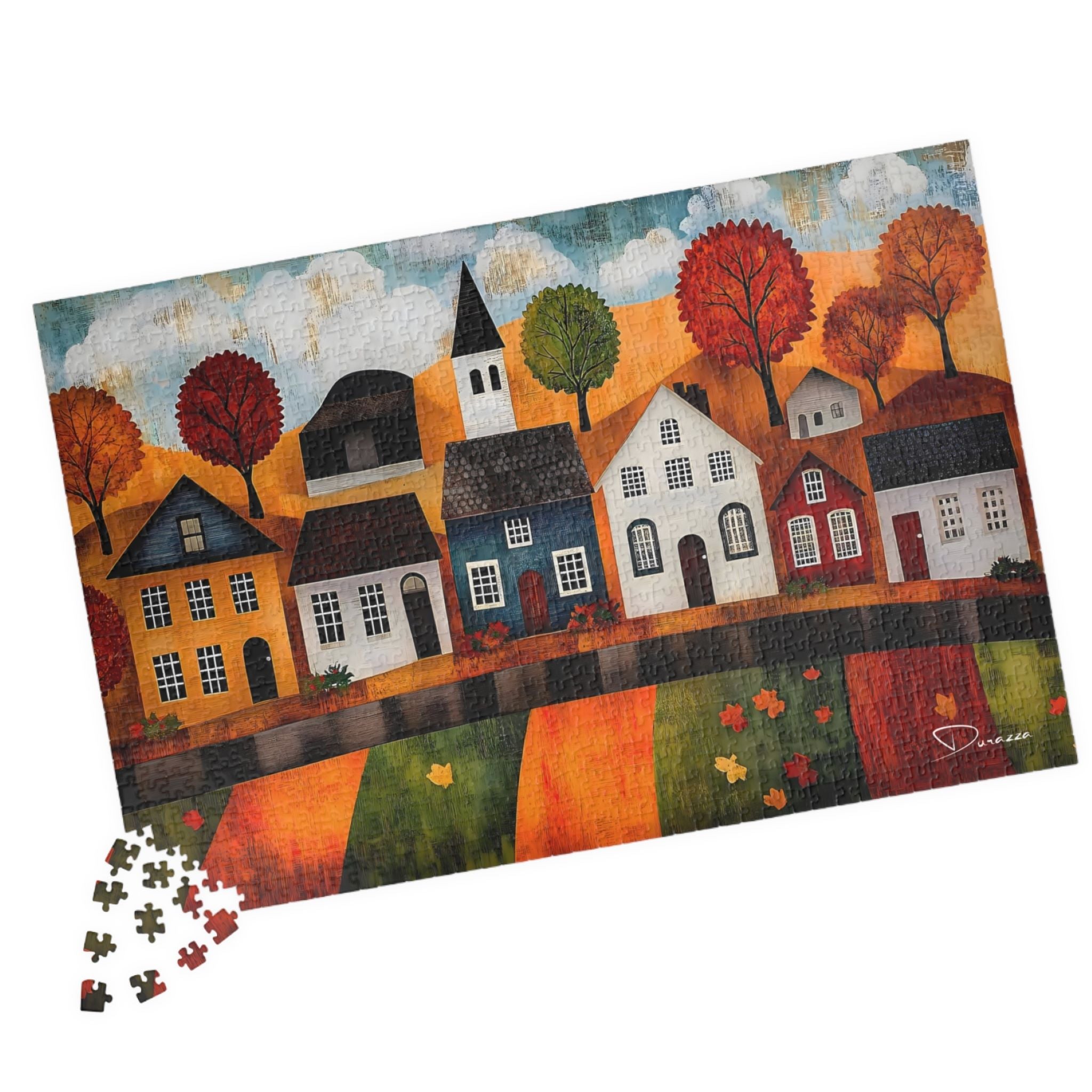 Fall Village Jigsaw Puzzle 500 or 1000 Piece | Autumn Village Vista – Durazza
