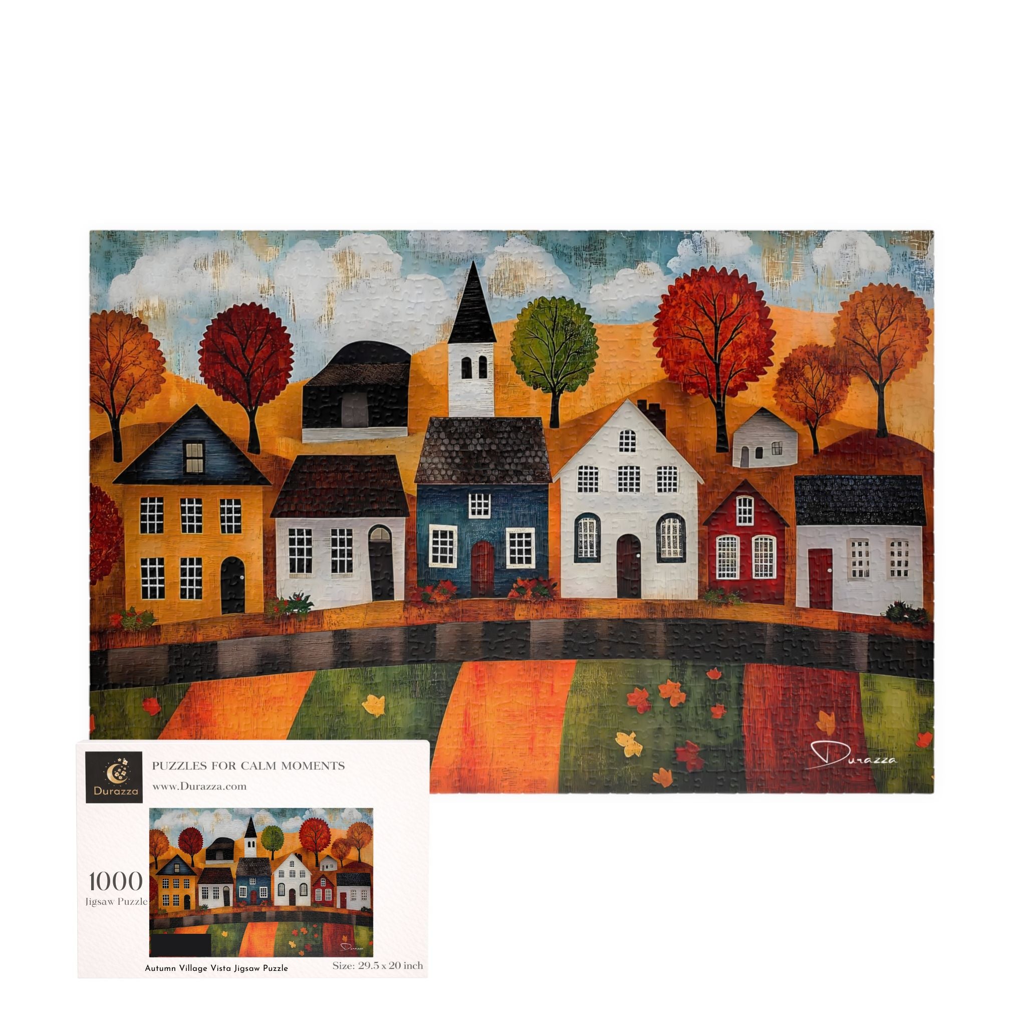 Fall Village Jigsaw Puzzle 500 or 1000 Piece | Autumn Village Vista – Durazza