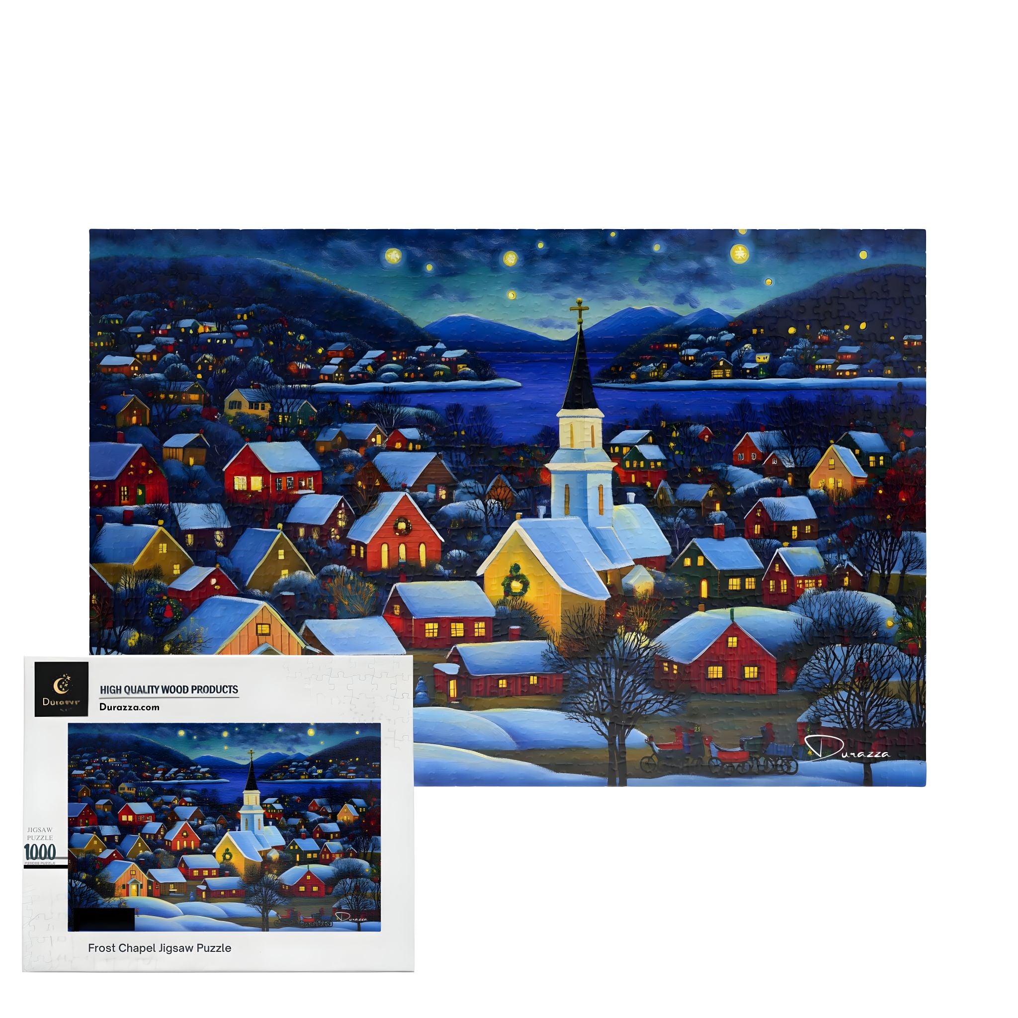 Winter Village Jigsaw Puzzle – 500 or 1000 Piece | Frost Chapel · Durazza
