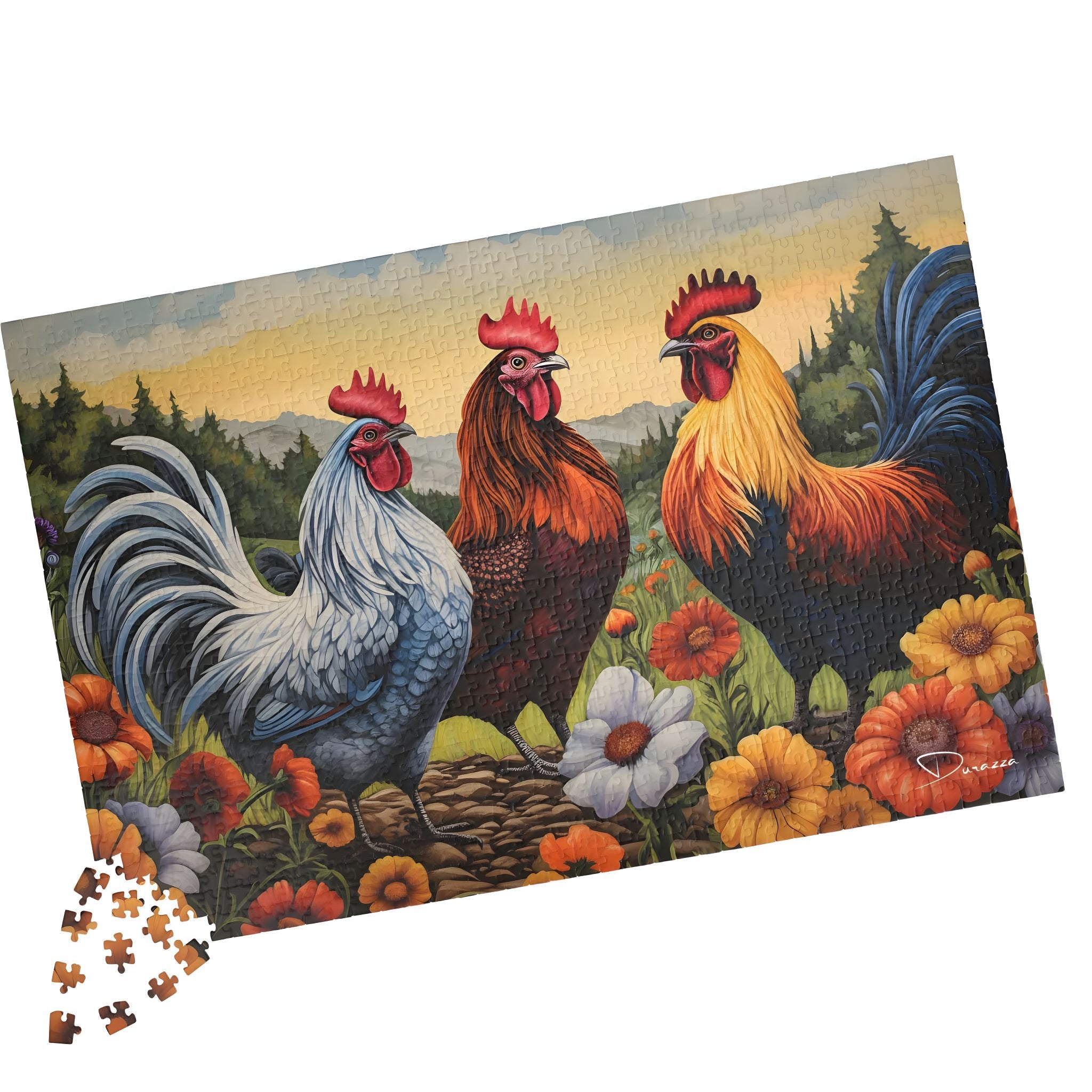 Jigsaw puzzle with three colorful roosters and flowers on a scenic background