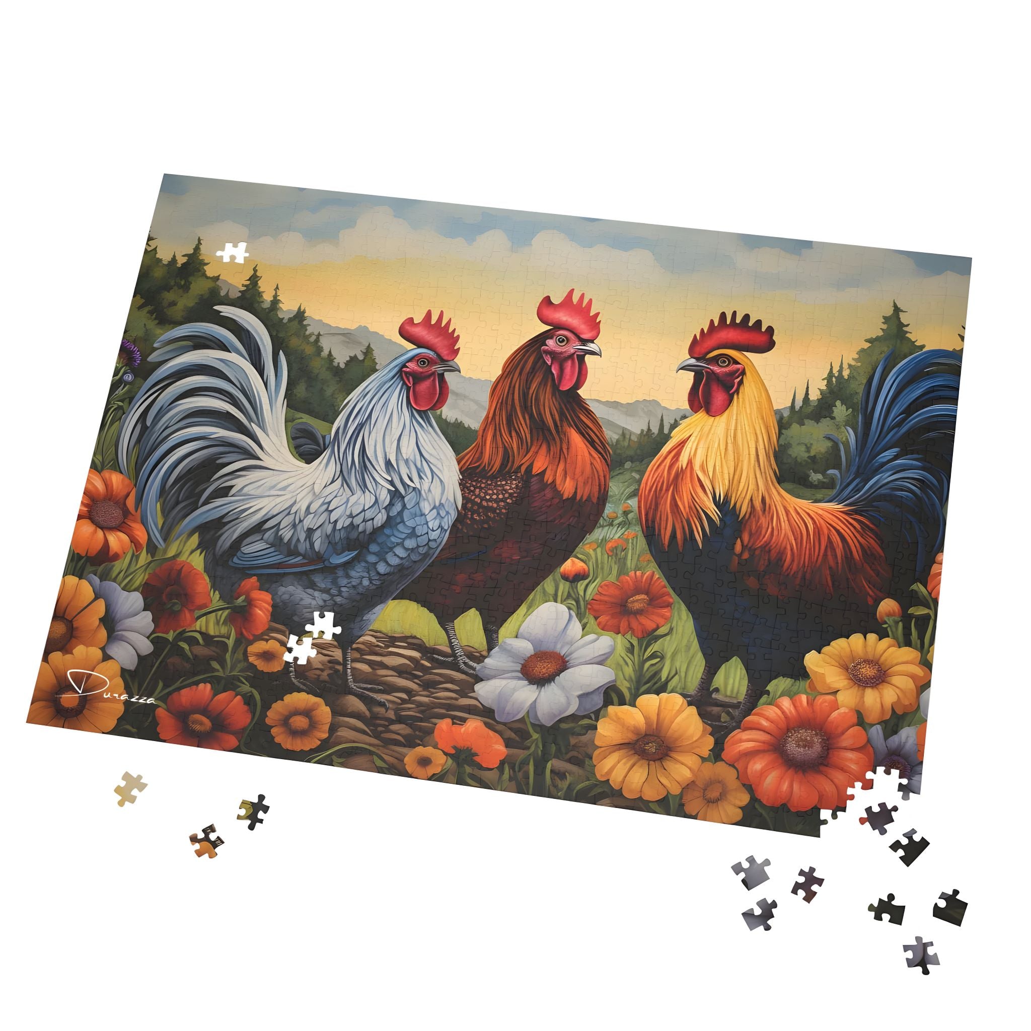 Jigsaw puzzle with three colorful roosters and flowers on a white background