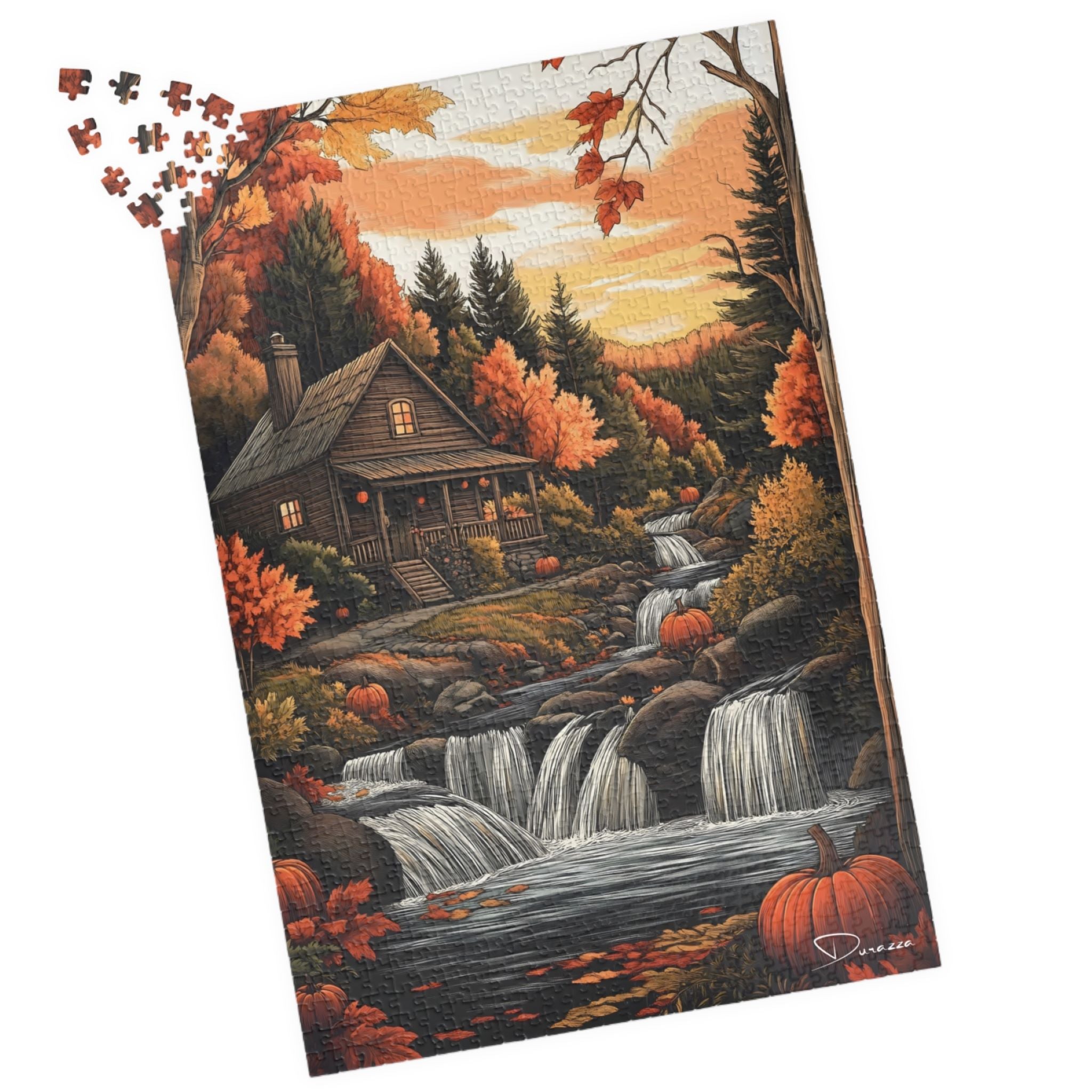 Autumn River Jigsaw Puzzle 500 Pieces | Fall Waterfall Cabin – Durazza