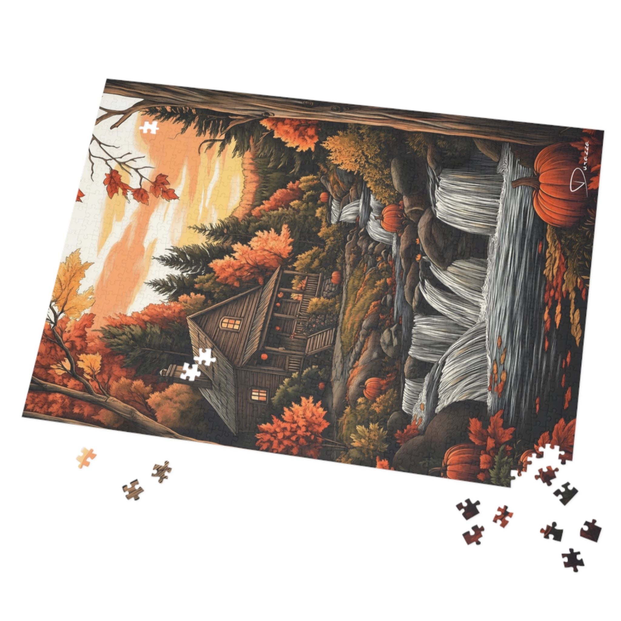 Autumn River Jigsaw Puzzle 500 Pieces | Fall Waterfall Cabin – Durazza