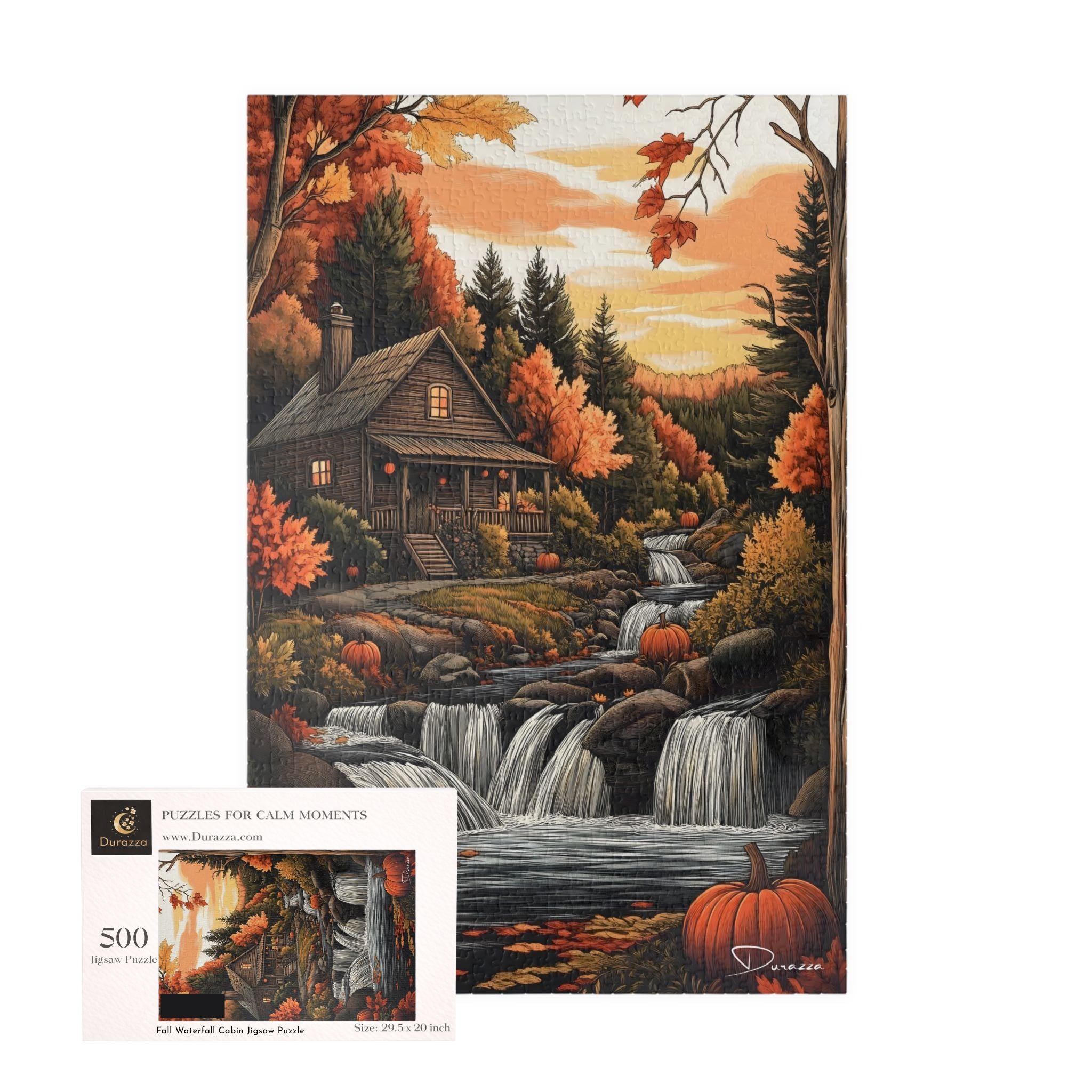 Autumn River Jigsaw Puzzle 500 Pieces | Fall Waterfall Cabin – Durazza