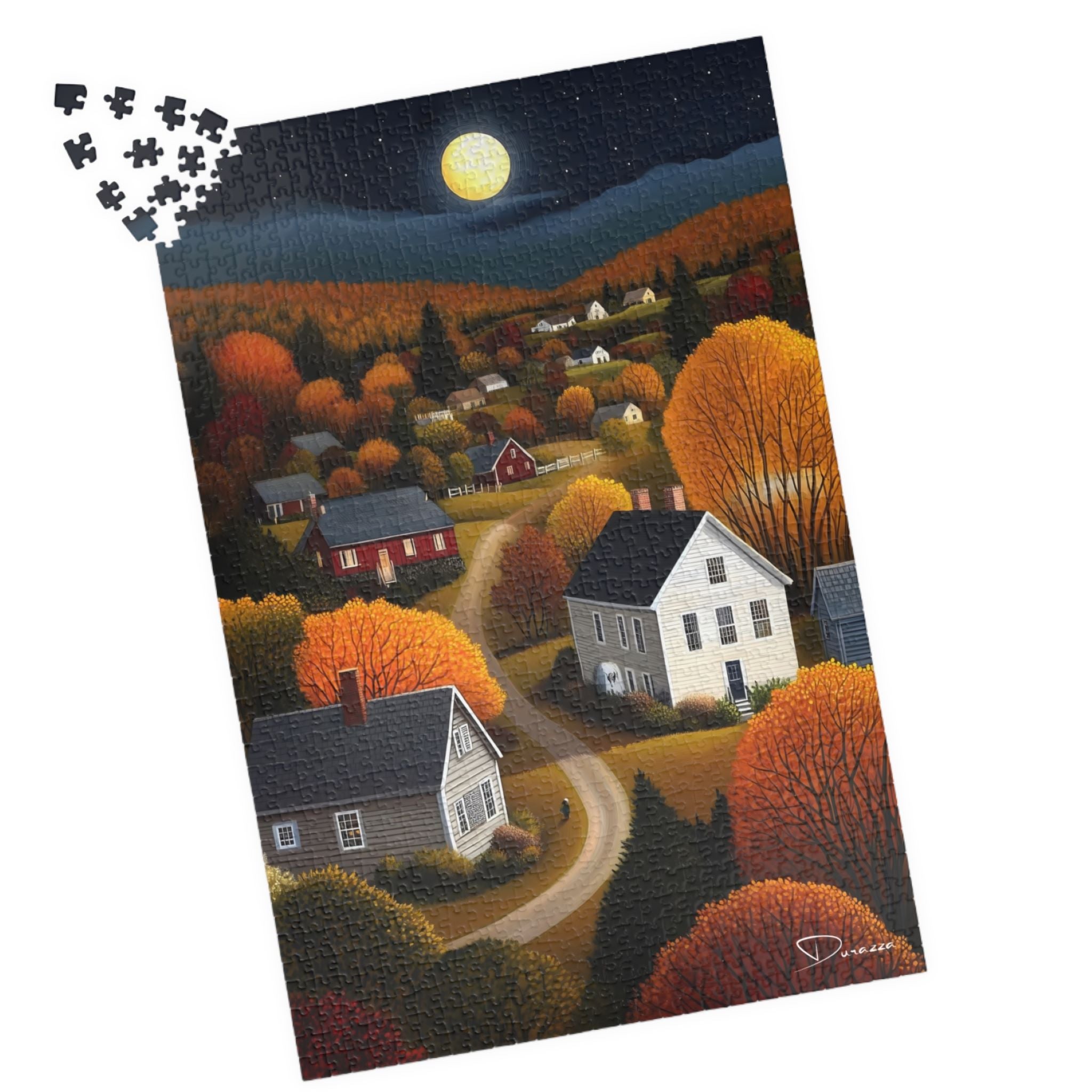 Midnight Autumn Village Jigsaw Puzzle 500/1000 Pieces | Countryside Harvest Moon - Durazza
