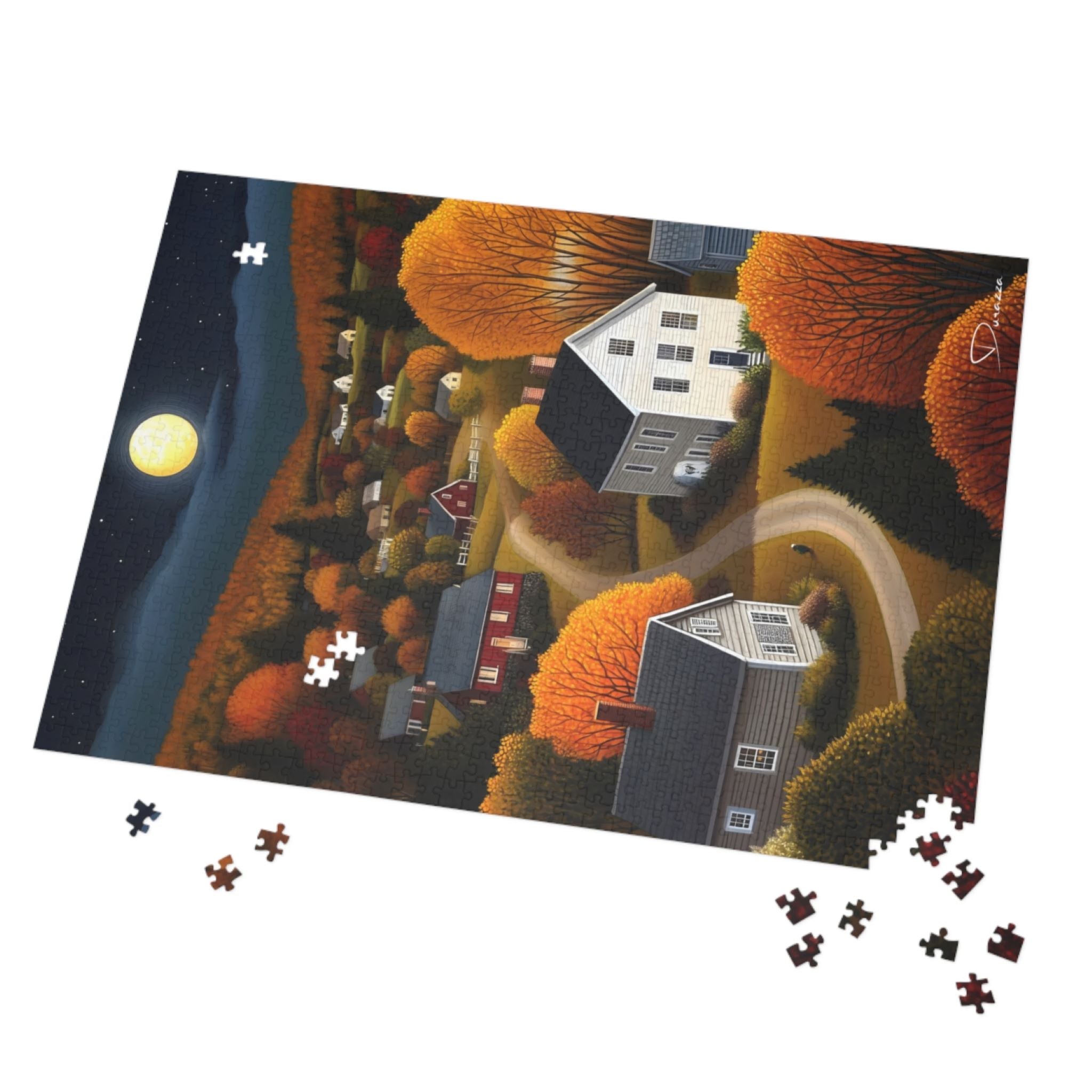 Midnight Autumn Village Jigsaw Puzzle 500/1000 Pieces | Countryside Harvest Moon - Durazza