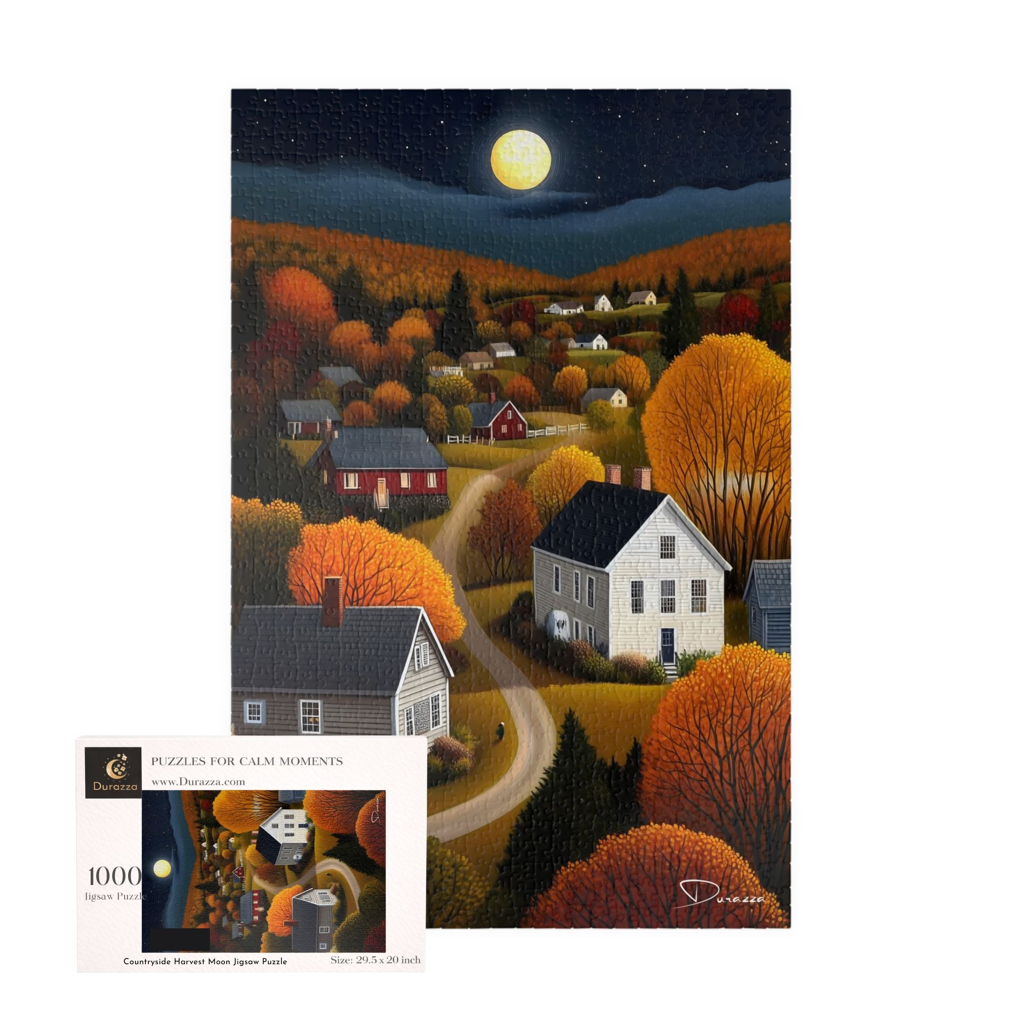 Midnight Autumn Village Jigsaw Puzzle 500/1000 Pieces | Countryside Harvest Moon - Durazza