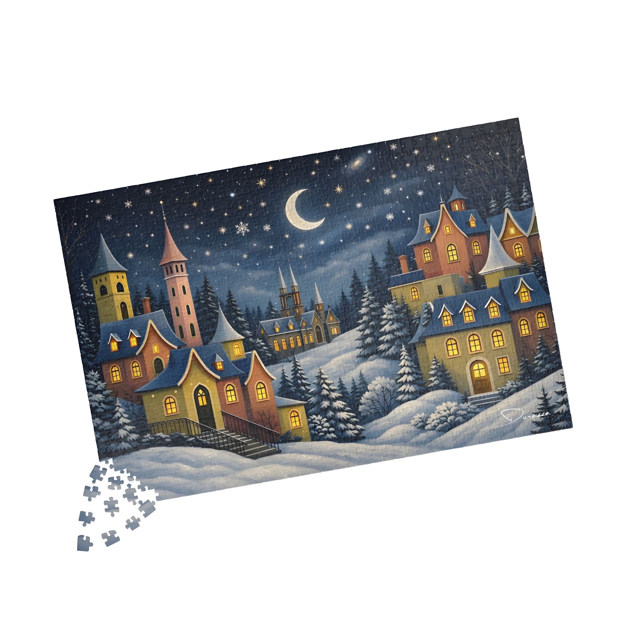 Jigsaw puzzle with a winter village scene on a white background