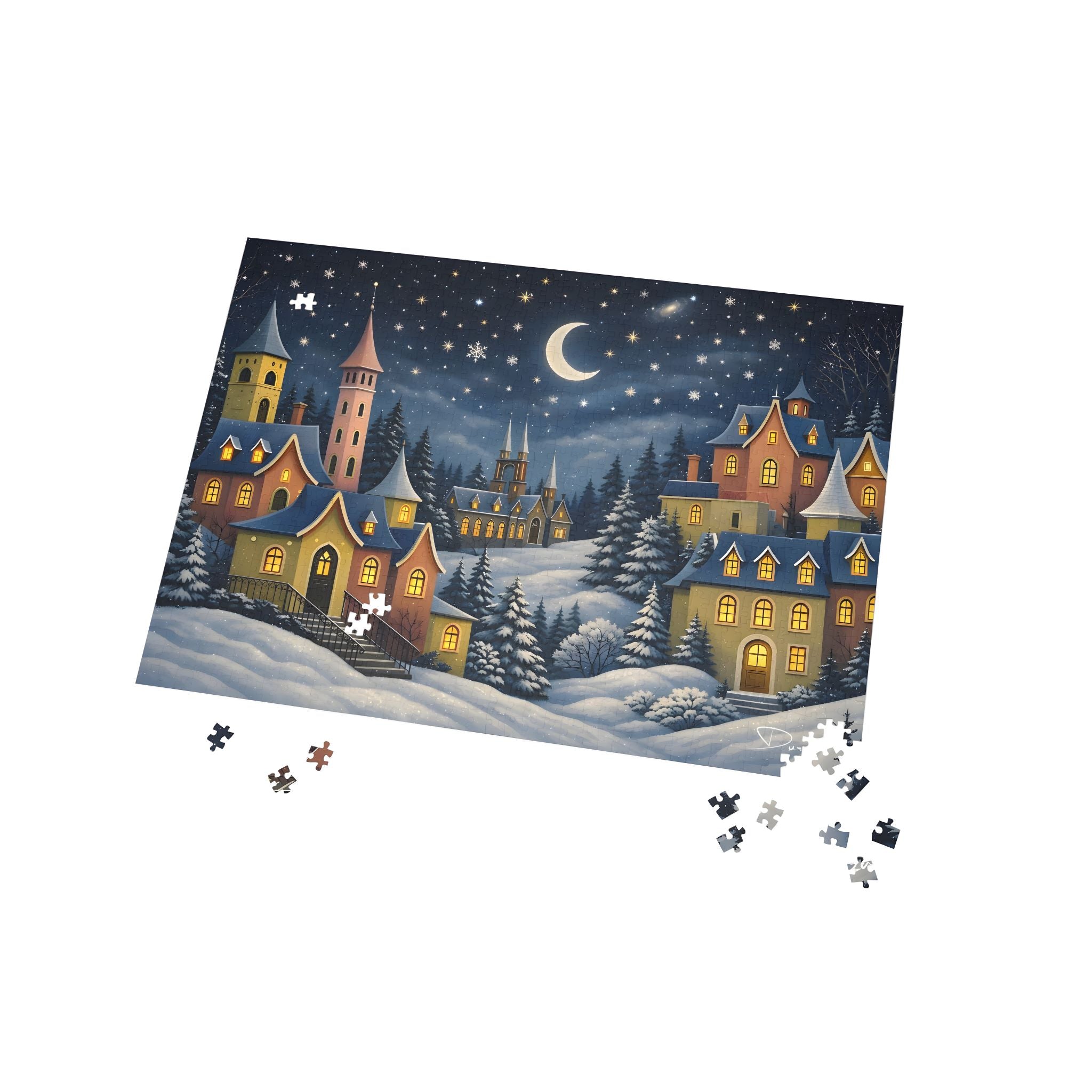 Jigsaw puzzle with a winter village scene on a white background