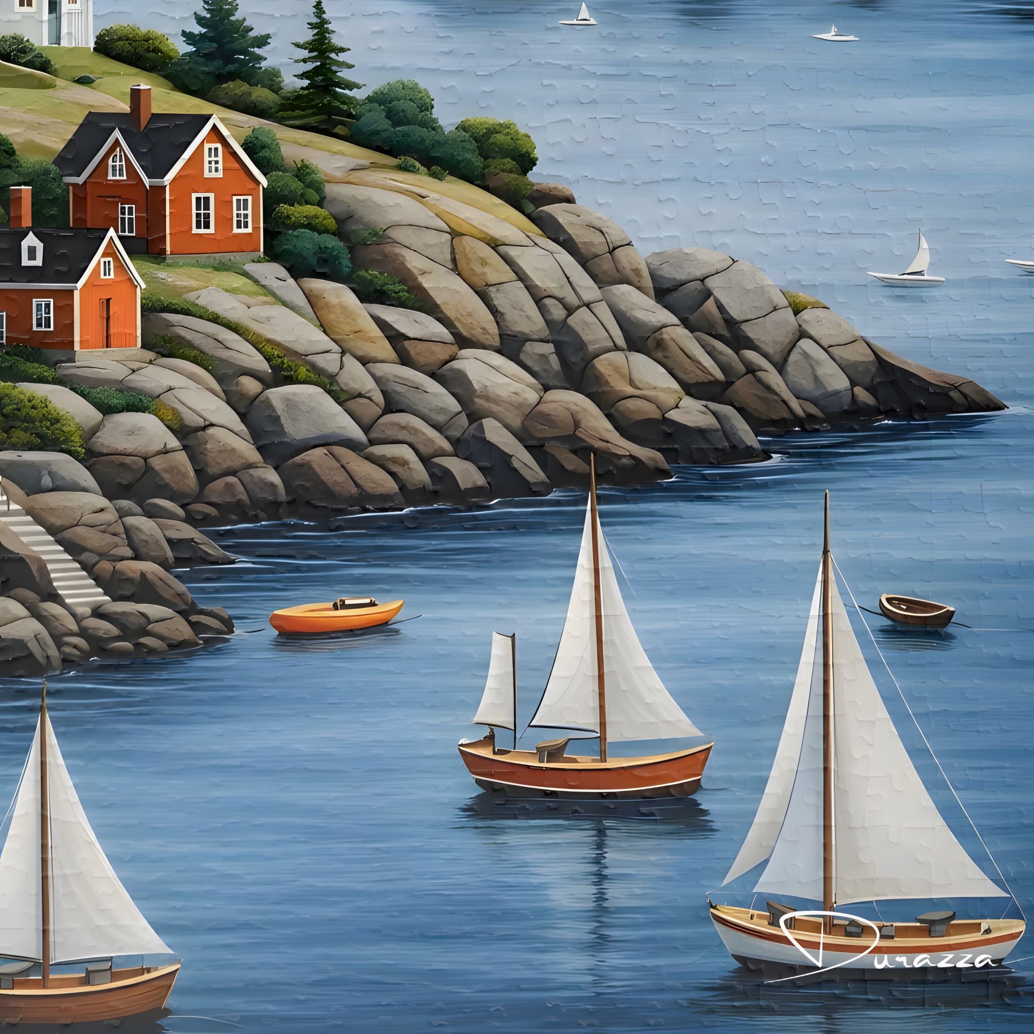 Sailing jigsaw puzzle with boats on a body of water near a rocky coastline with houses.