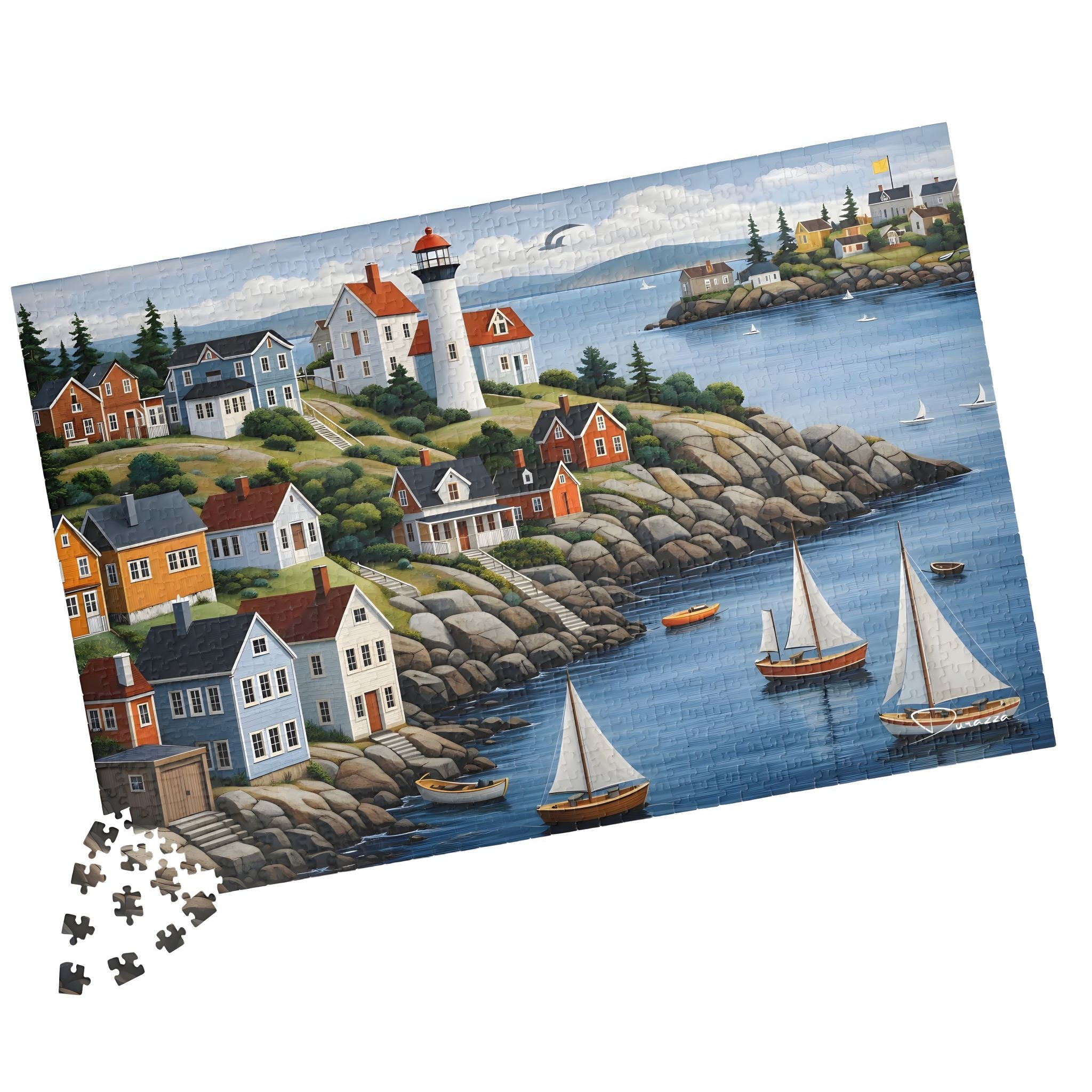 Coastal Jigsaw Puzzle with scenic houses, boats, and a lighthouse by a body of water.