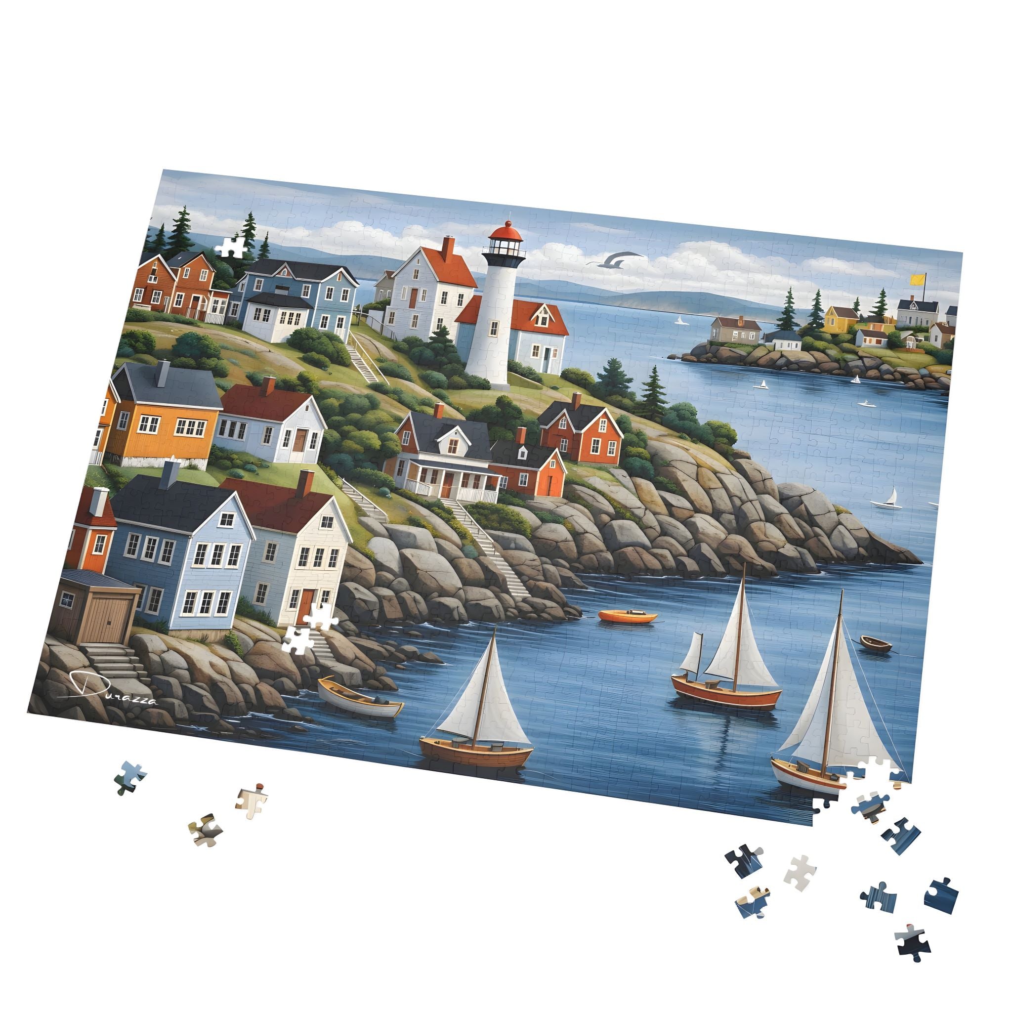 Wood jigsaw puzzle with a coastal scene featuring houses, boats, and a lighthouse.