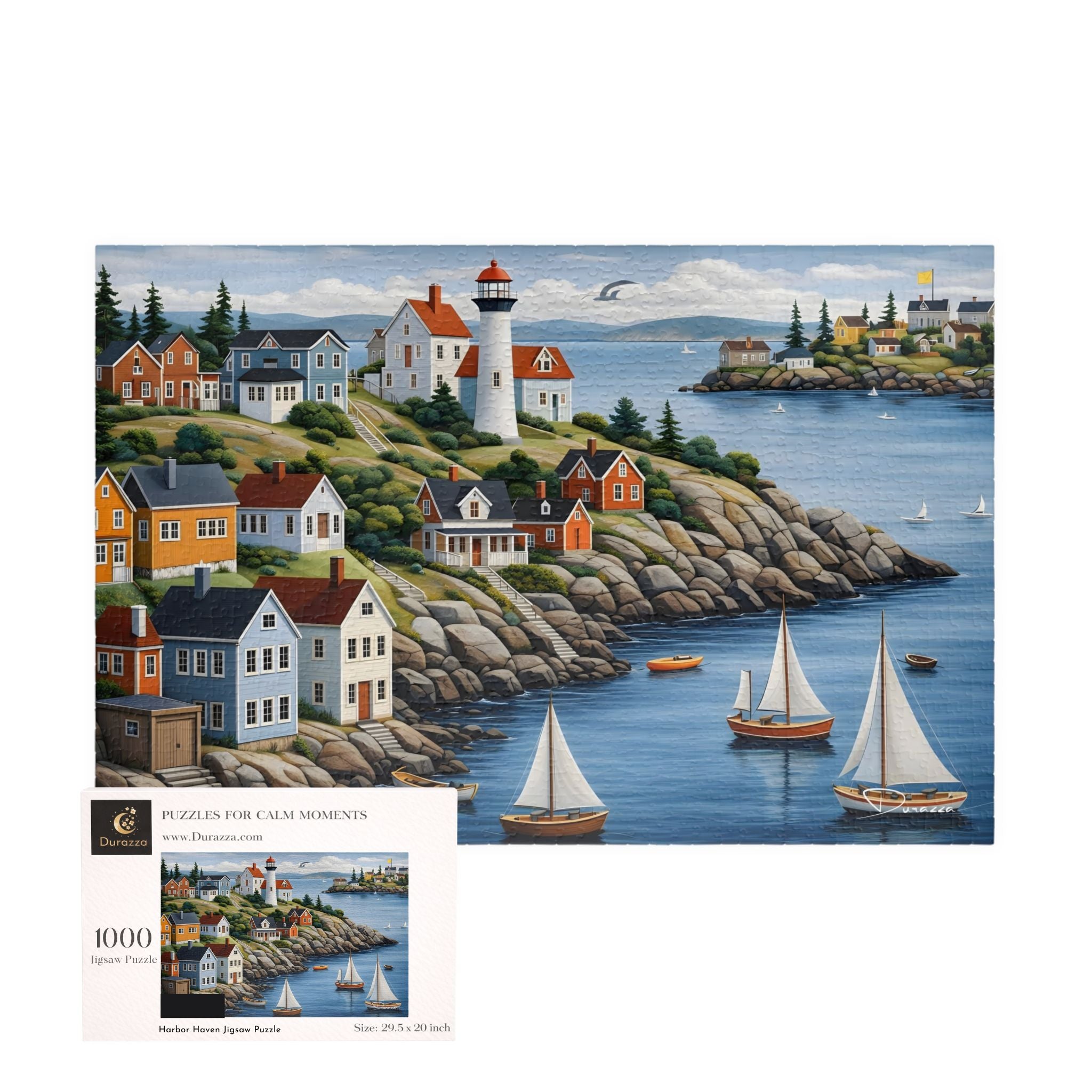 Lighthouse and coastal scene jigsaw puzzle with sailboats, houses and Durazza packaging.