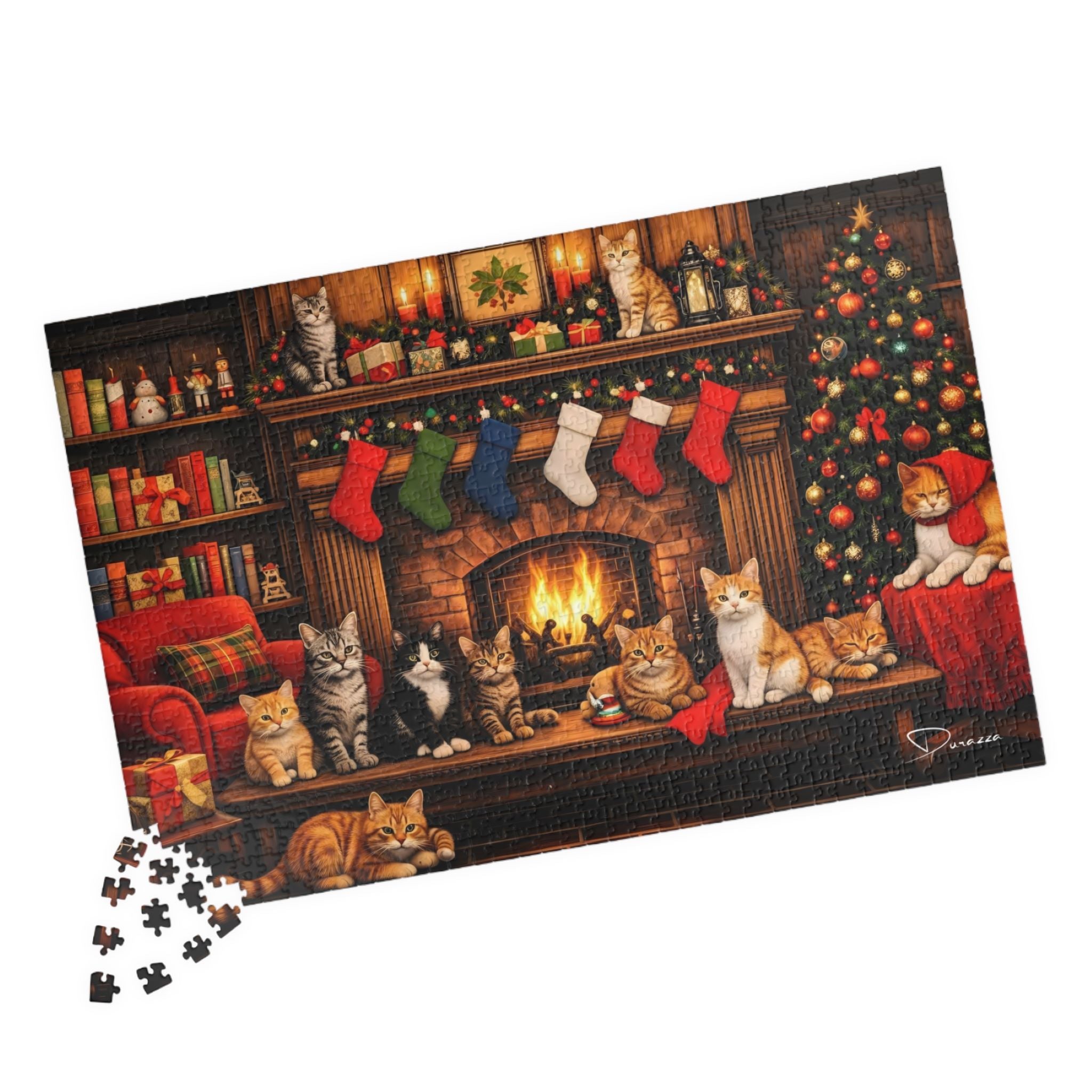Christmas-themed puzzle with cats around a fireplace and tree