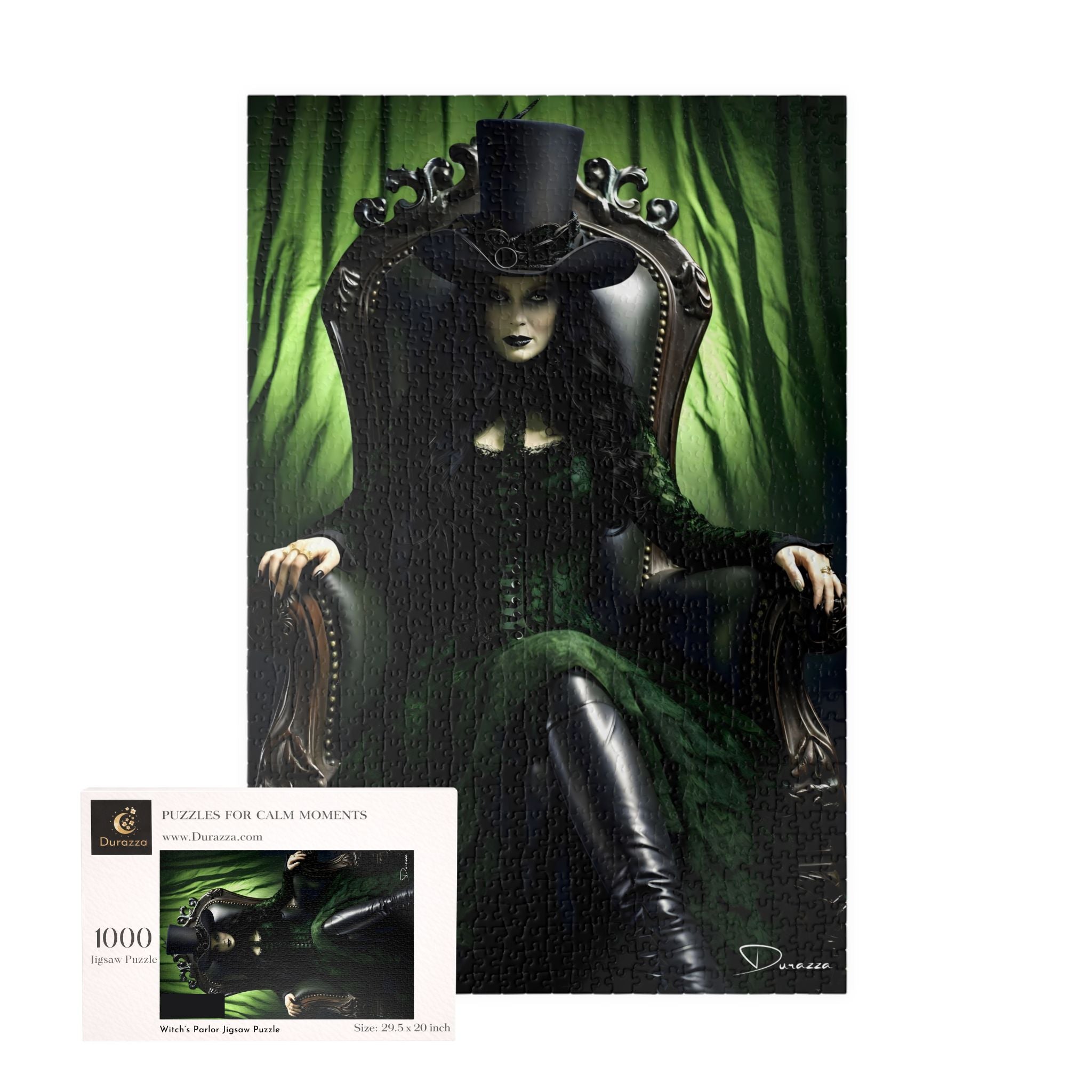 1000 piece Gothic style witch in a dark Victorian outfit, sitting on a chair, and a puzzle box in the corner.