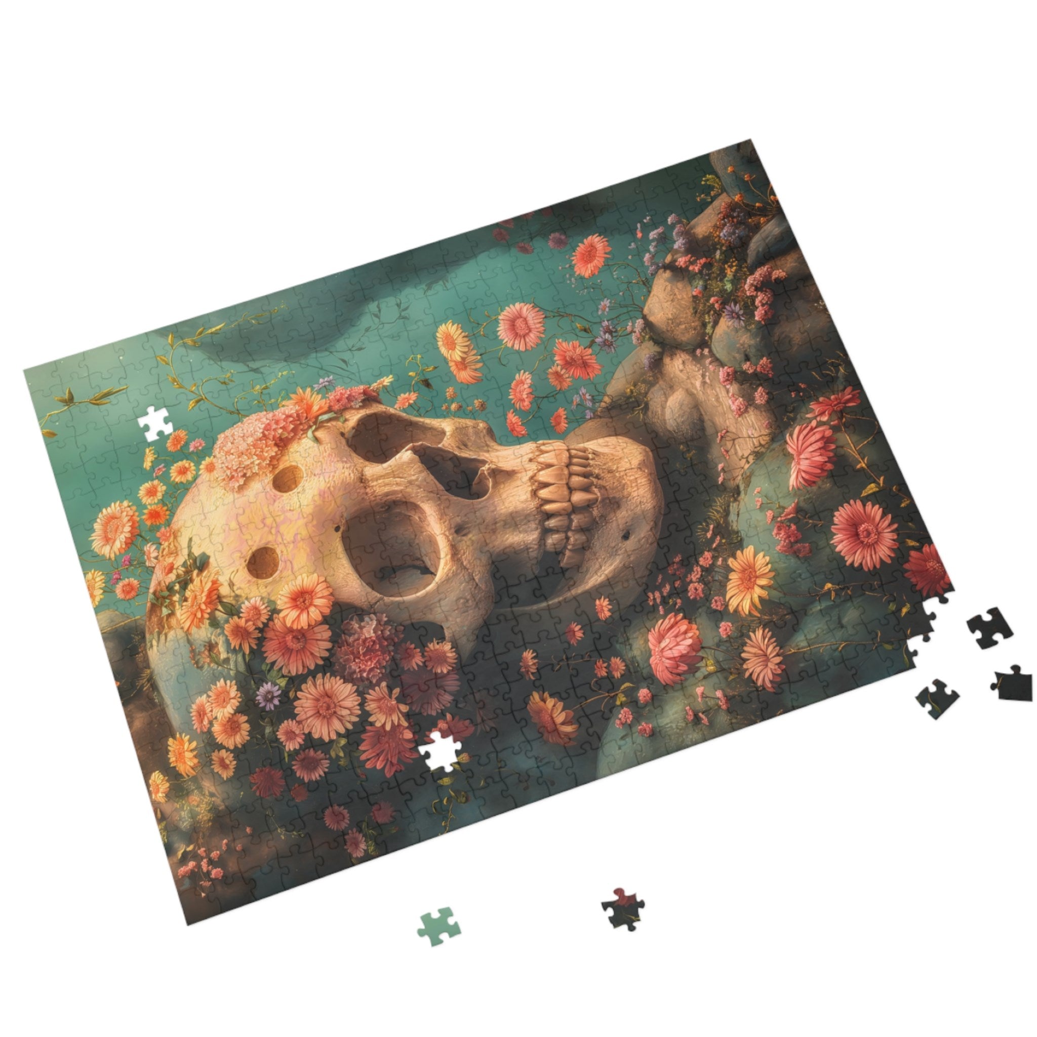 1000 piece Jigsaw puzzle with a skull and floral design on a white background